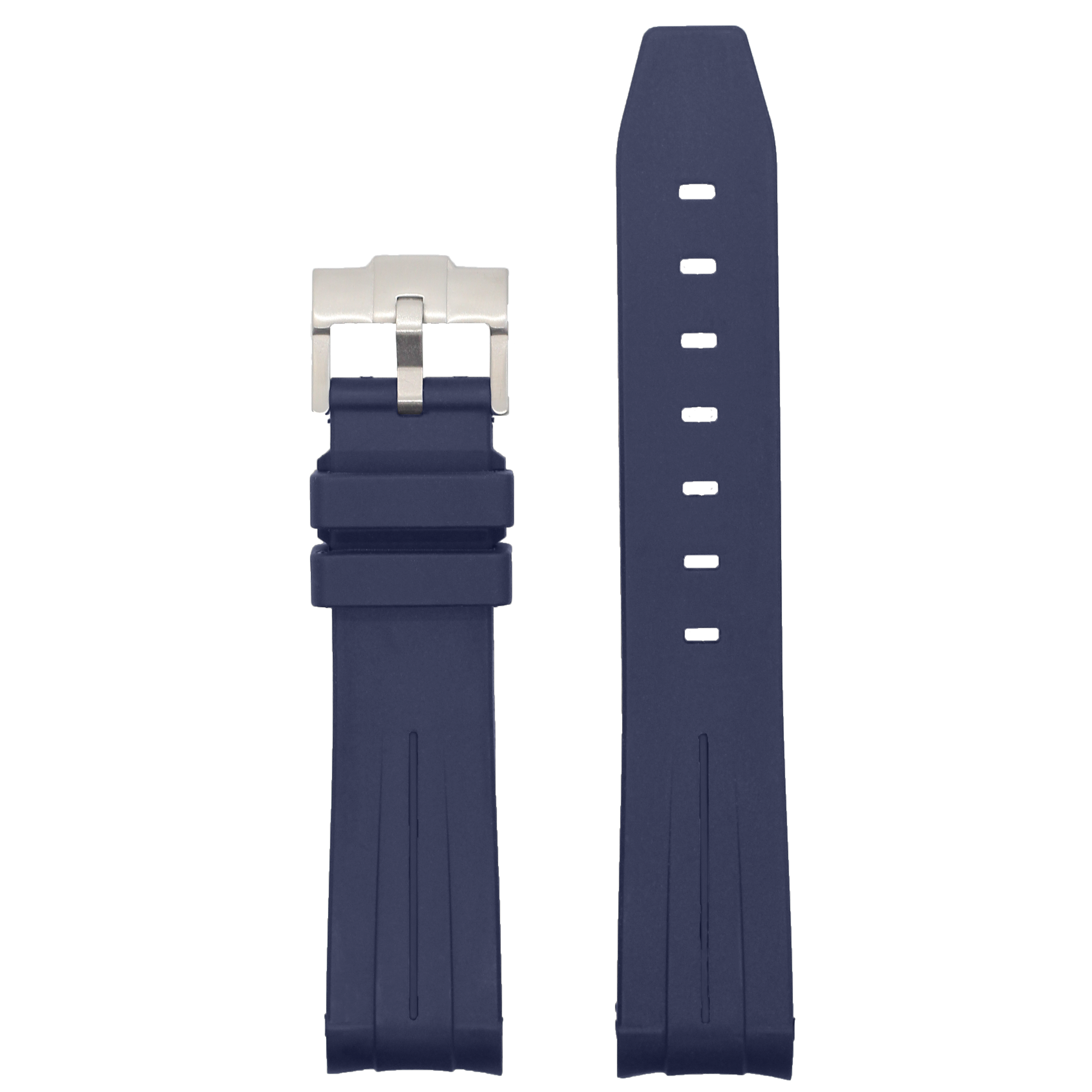 Navy blue curved rubber watch band with stainless steel buckle and white stitching detail