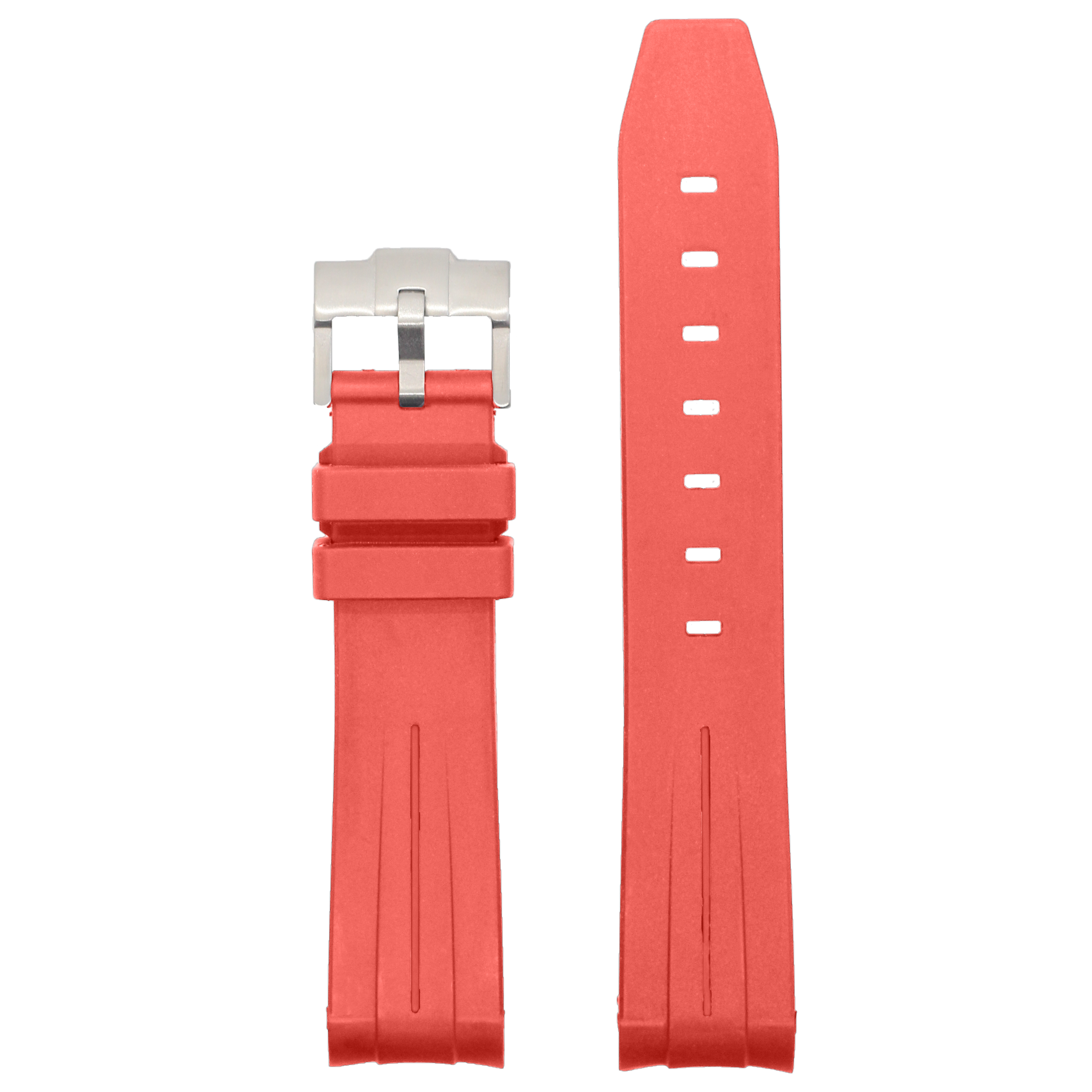 Curved King Flexi Rubber watch band in light red with silver stainless steel buckle and adjustment holes