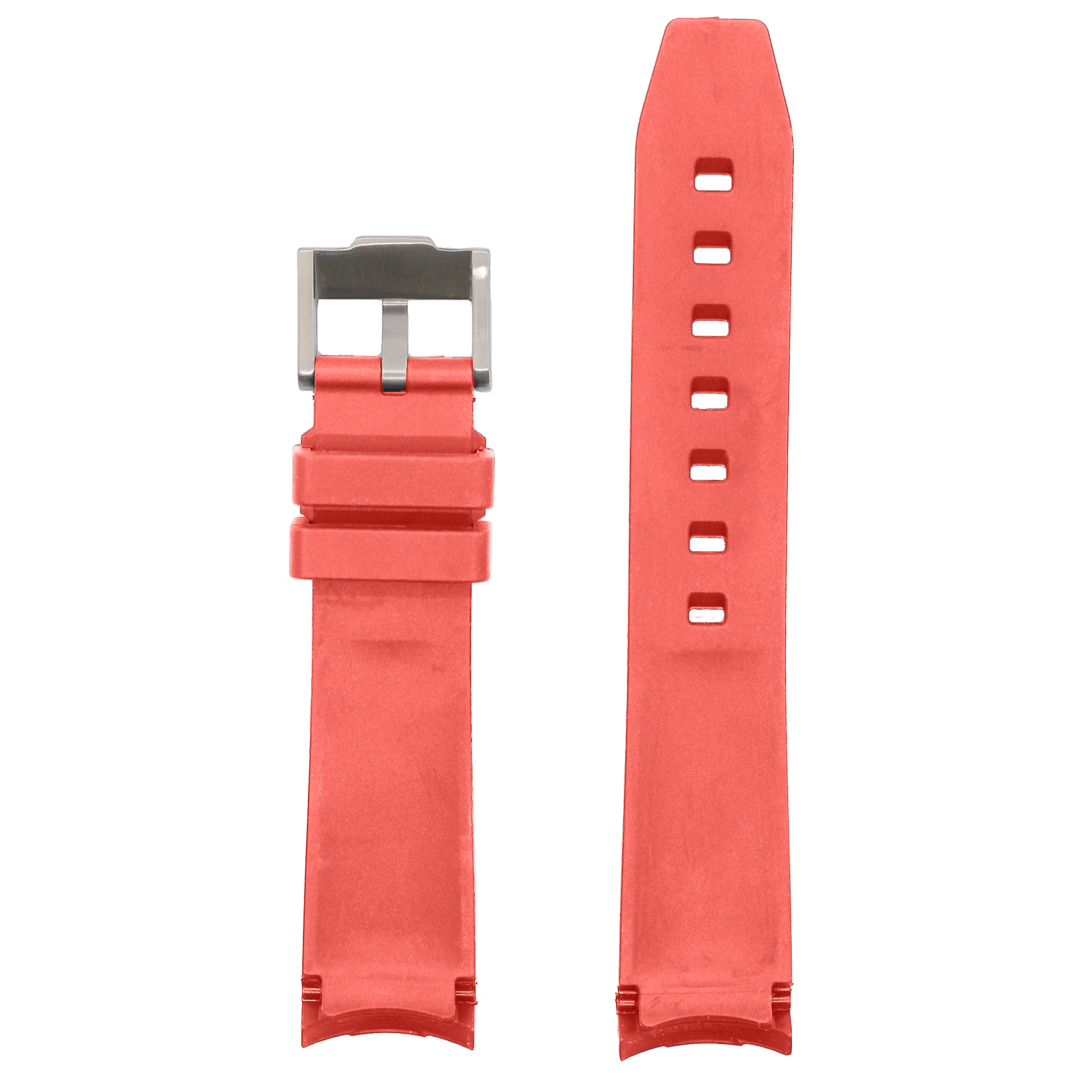 Curved light red rubber watch band with stainless steel buckle and adjustment holes