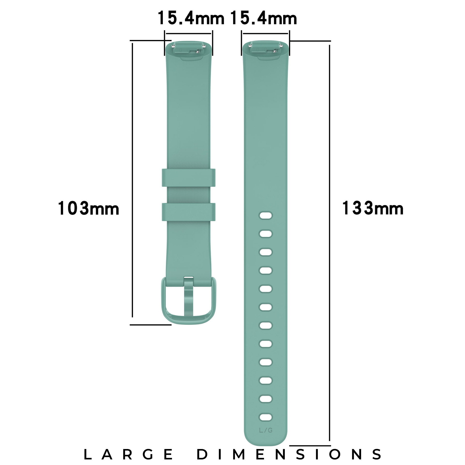 Sage green silicone Fitbit Inspire 3 watch band with adjustable buckle and size dimensions displayed