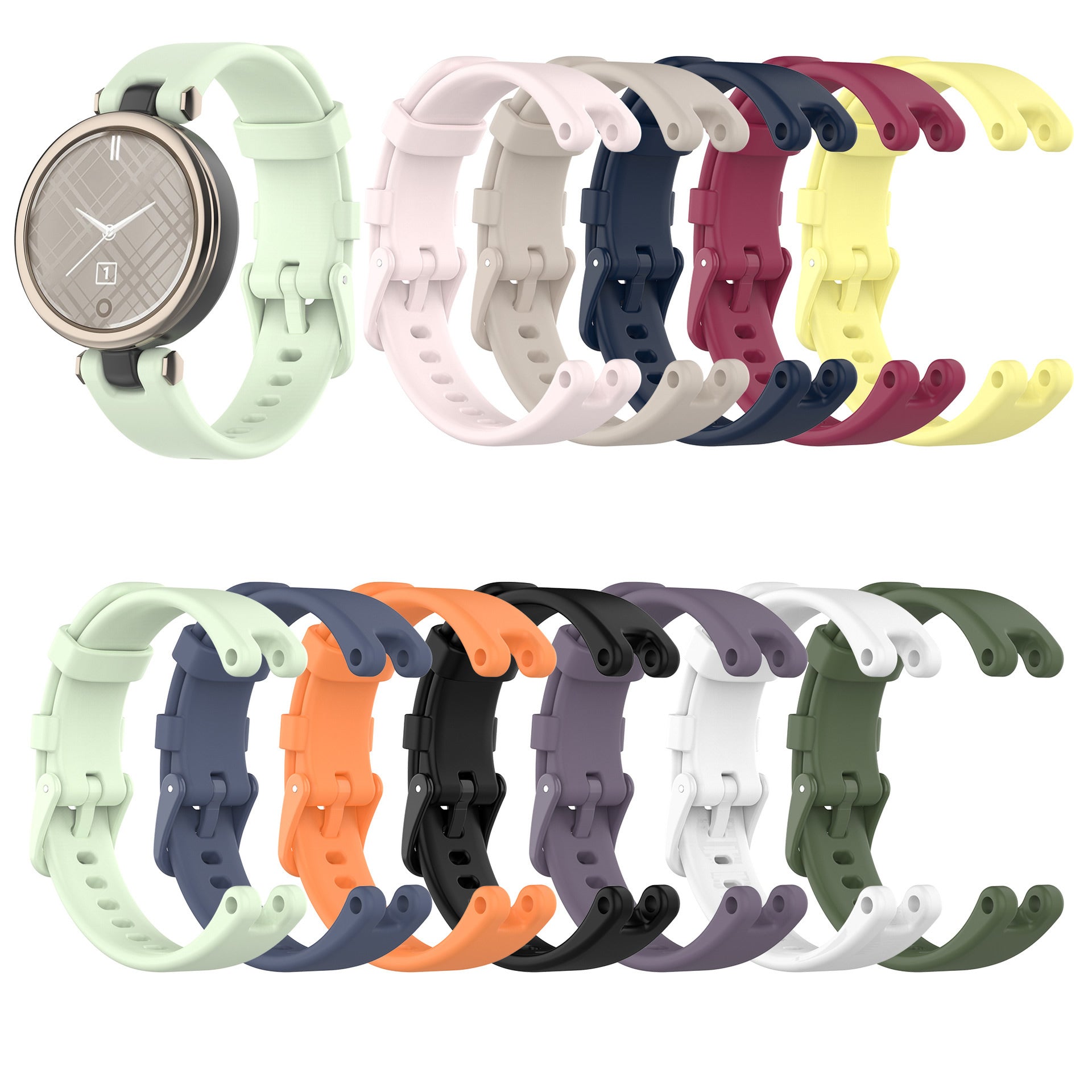 Garmin Lily smartwatch with interchangeable silicone bands in mint, pink, navy, burgundy, yellow, orange, purple, white and green colors