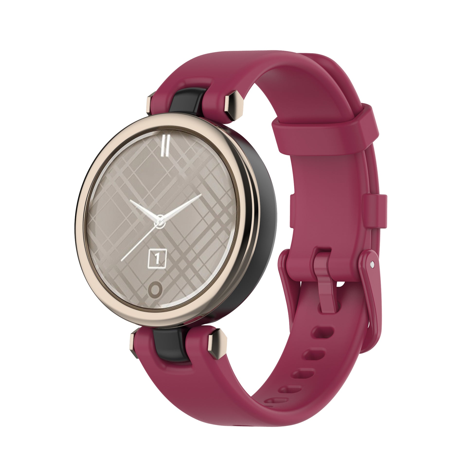 Garmin Lily smartwatch with burgundy silicone band and rose gold case on white background