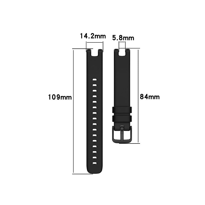 Black silicone watch band for Garmin Lily with dimensions and buckle closure, replacement strap for women's smartwatch