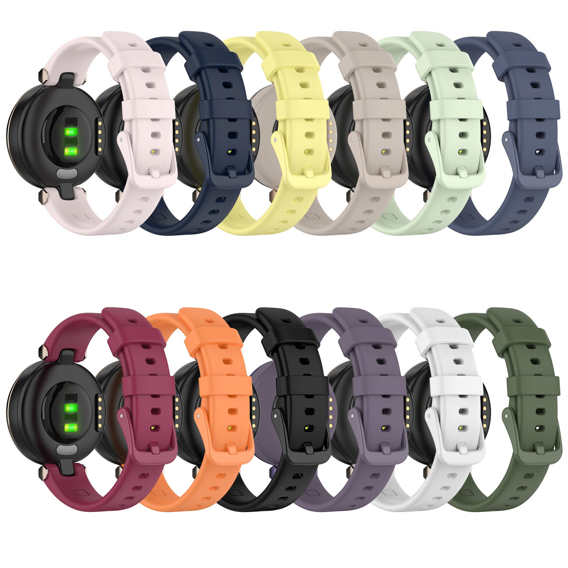 Garmin Lily smartwatch with interchangeable silicone bands in multiple colors including pink, navy, yellow, mint, burgundy, orange, black, purple, white and green