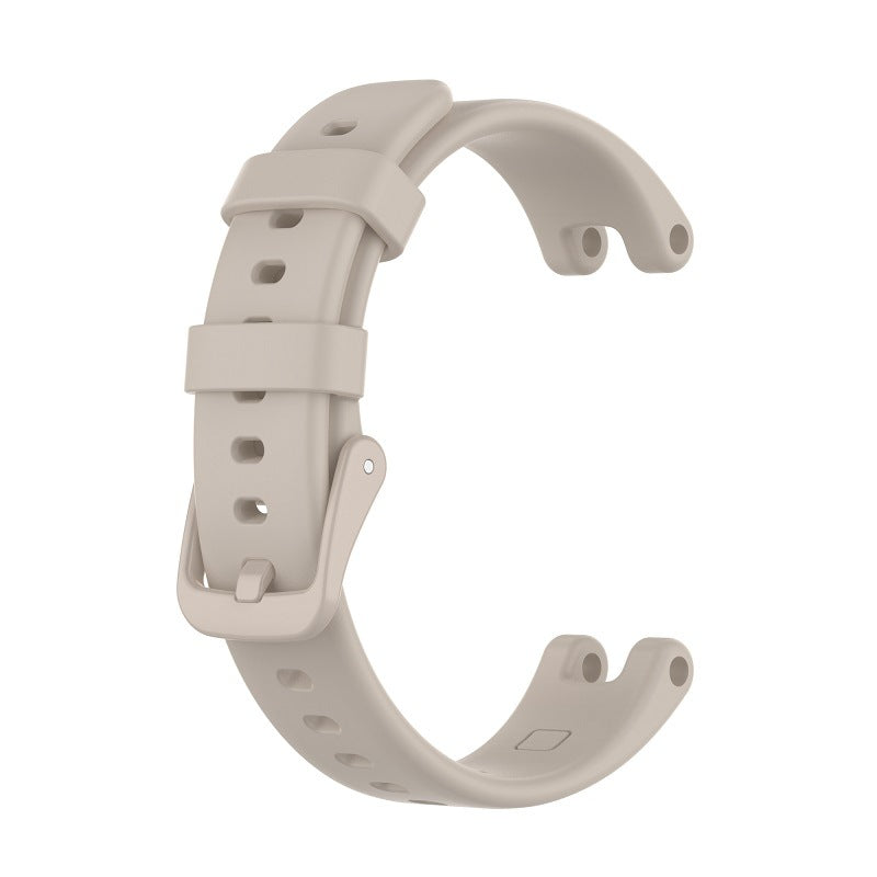 Beige silicone watch band with buckle strap for Garmin Lily smartwatch, featuring ventilation holes and curved design