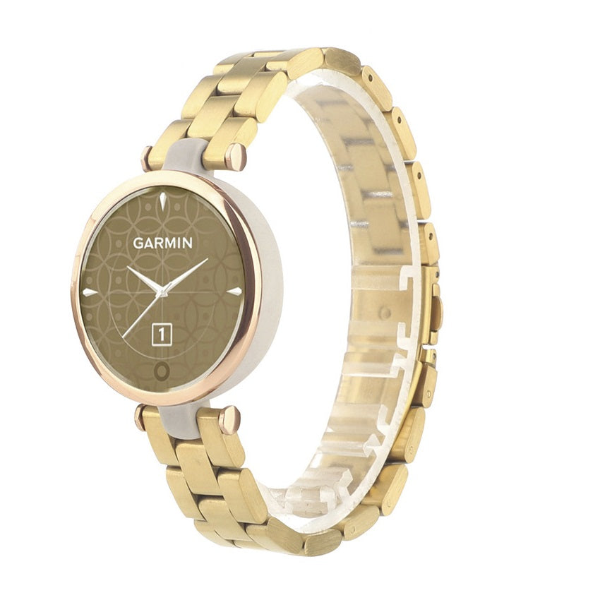Garmin Lily smartwatch with gold stainless steel bracelet and champagne oval dial featuring date window