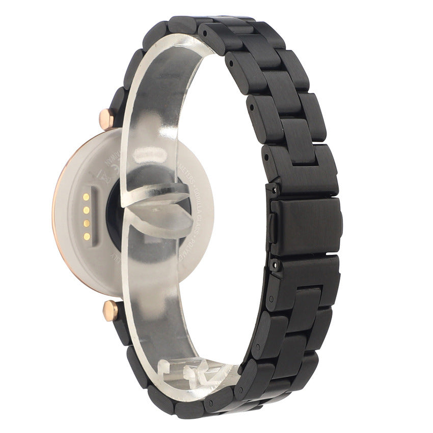 Black steel bracelet band for Garmin Lily smartwatch with rose gold accents and link-style design