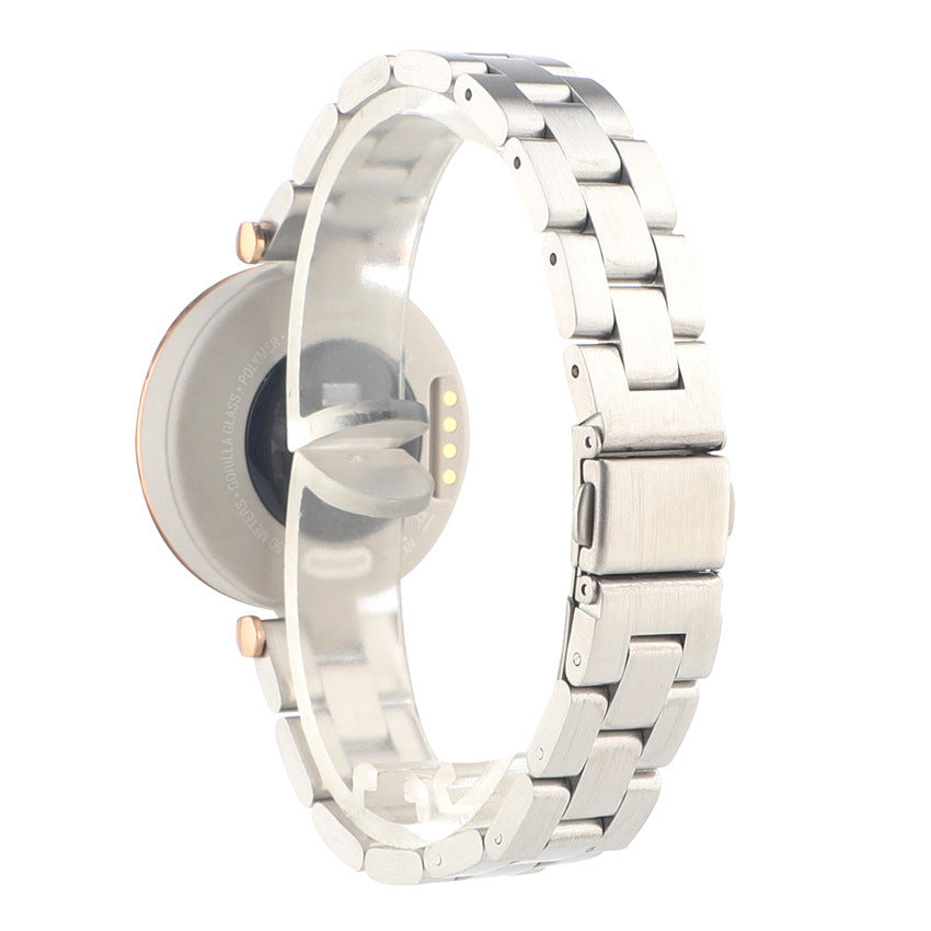Garmin Lily smartwatch with silver steel bracelet band, white case, and rose gold accents displayed side view