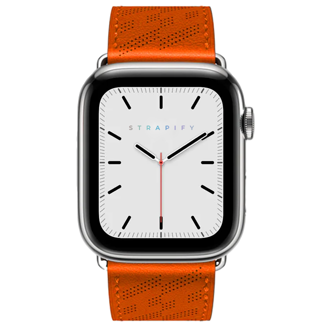 Apple Watch with stainless steel case and orange perforated leather single tour band, white dial with black indices
