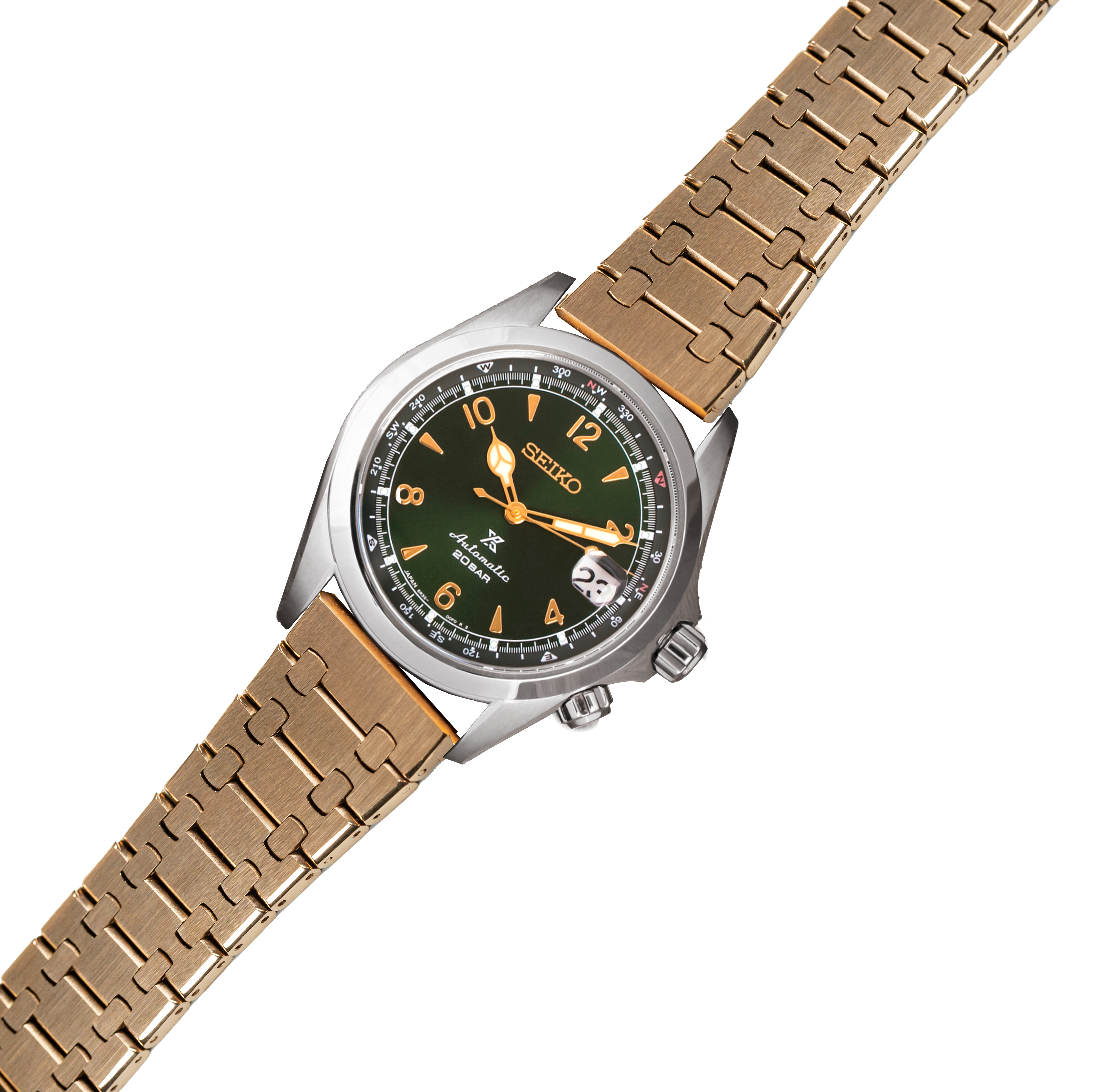 Seiko automatic watch with green dial, orange accents, and rose gold stainless steel bracelet with quick release