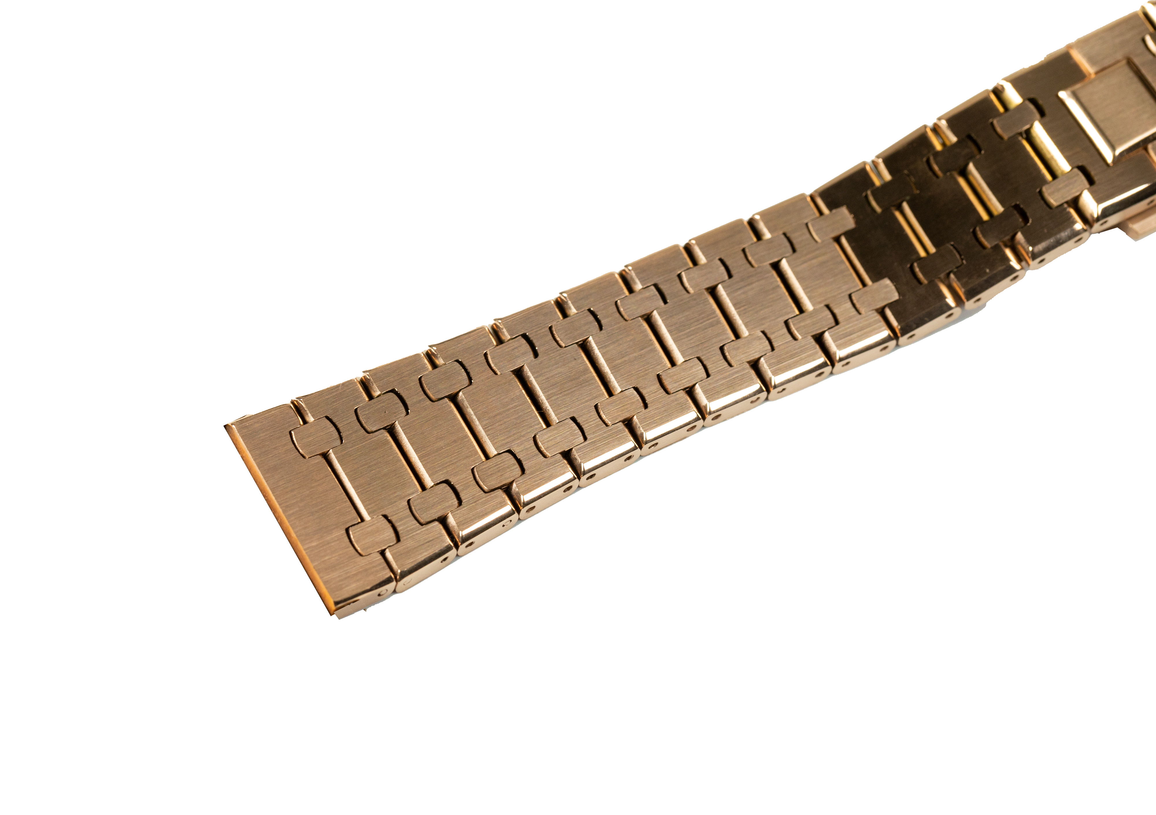 Rose gold quick release medallion bracelet with interlocking metal links and adjustable clasp