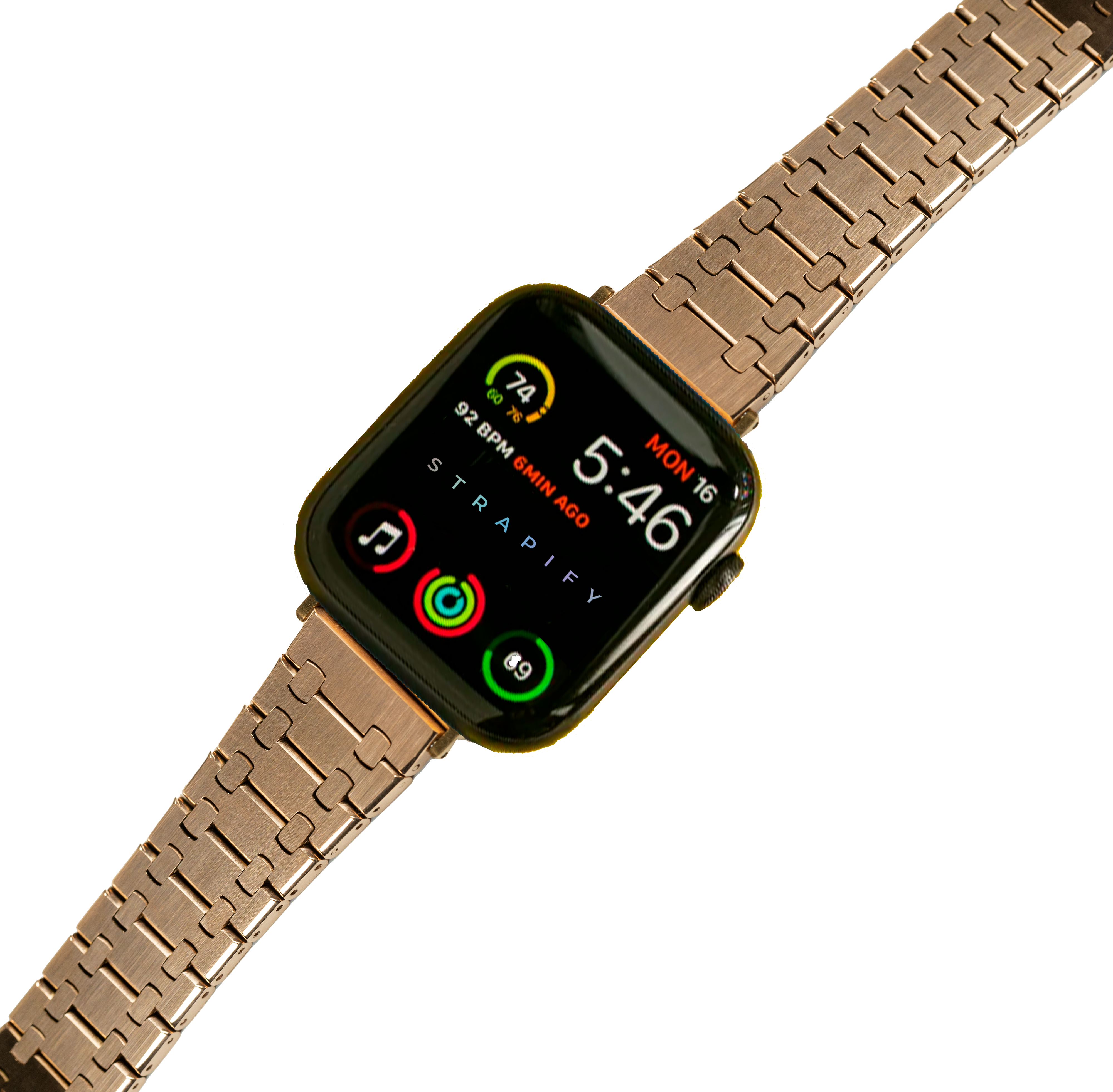 Rose gold stainless steel smartwatch with fitness rings and activity tracking display on black screen
