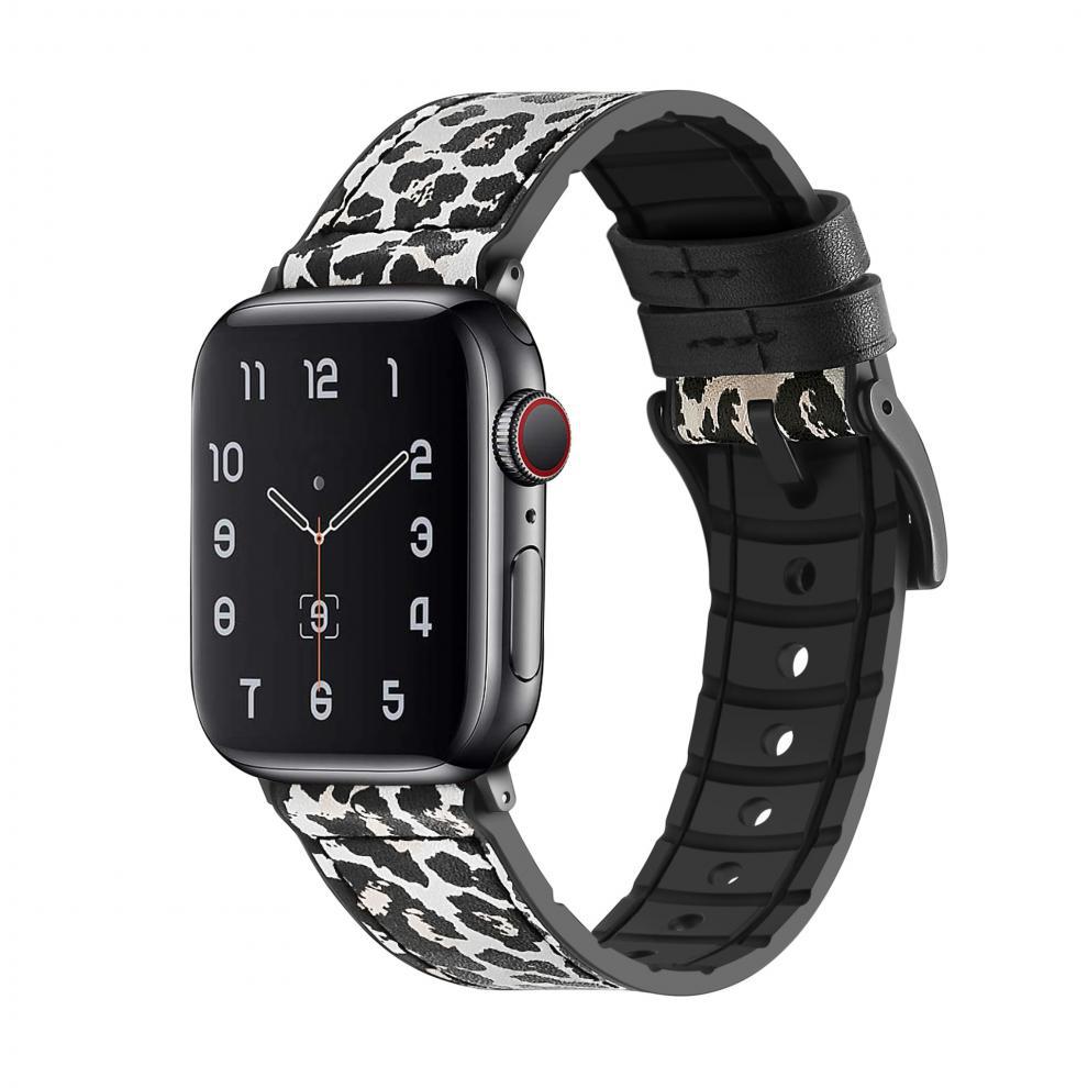 Black smartwatch with leopard print leather hybrid and silicone band, analog dial display