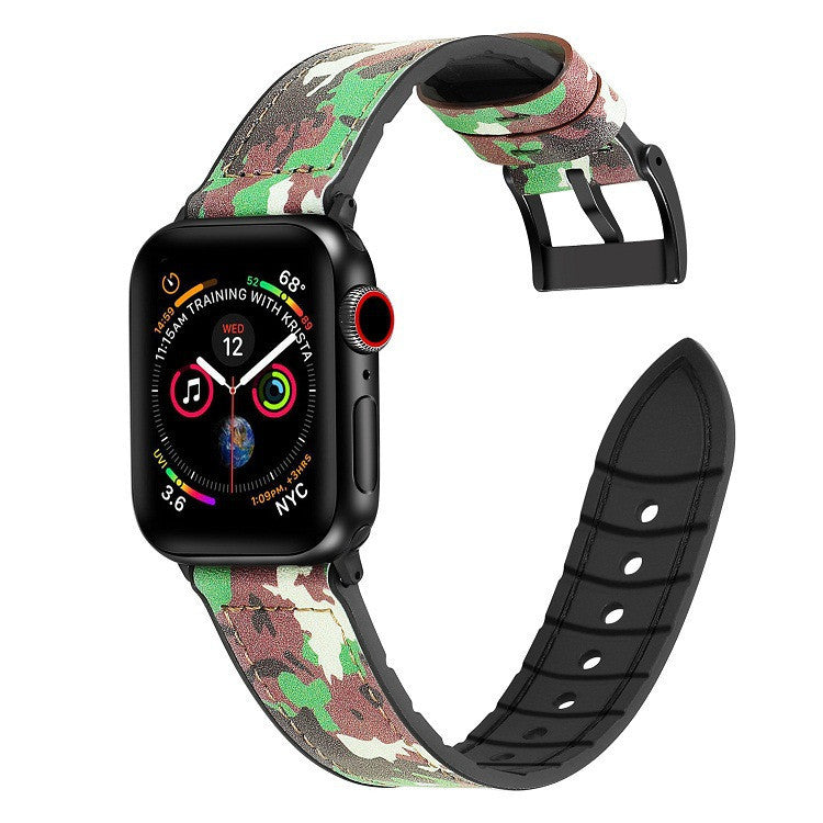 Black smartwatch with army camo leather and silicone hybrid band, interchangeable straps, fitness tracking display