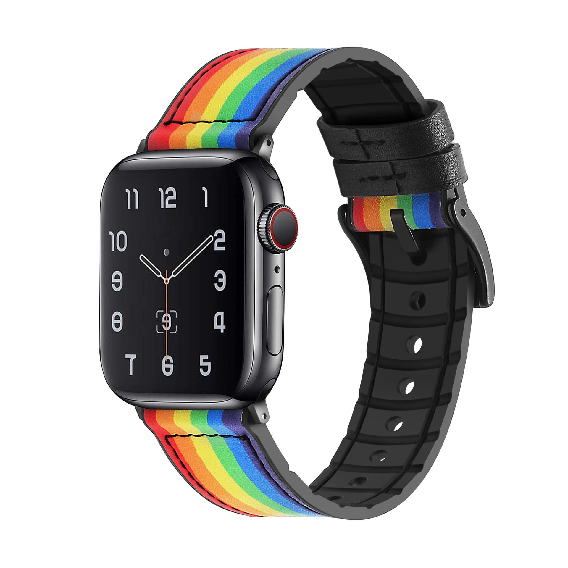 Black smartwatch with rainbow pride stripe leather and silicone hybrid band featuring red digital crown and white dial numbers