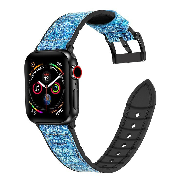 Blue paisley leather hybrid smartwatch band with black silicone sports strap for Apple Watch Series 5 and newer models