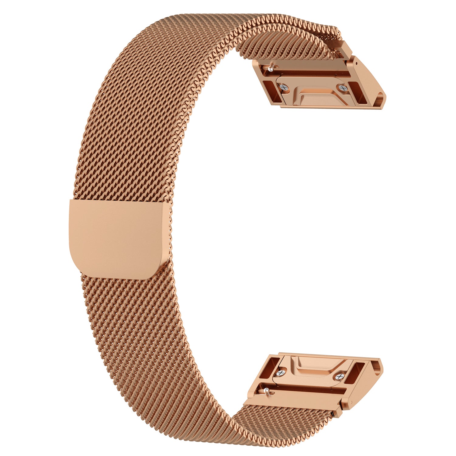 Rose gold Milanese mesh watch band with magnetic clasp and quick-fit connectors