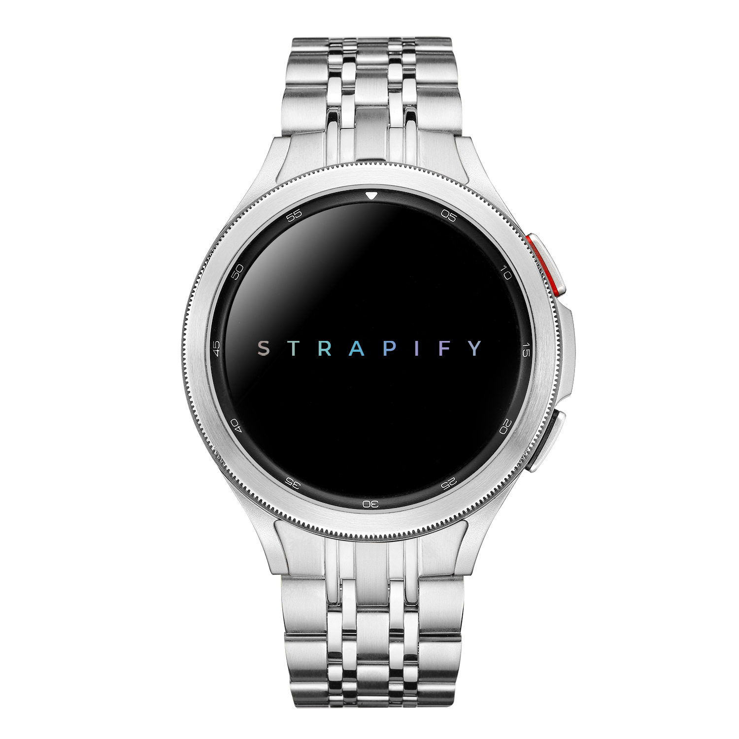 Strapify silver steel bracelet smartwatch with black digital display and linked metal band