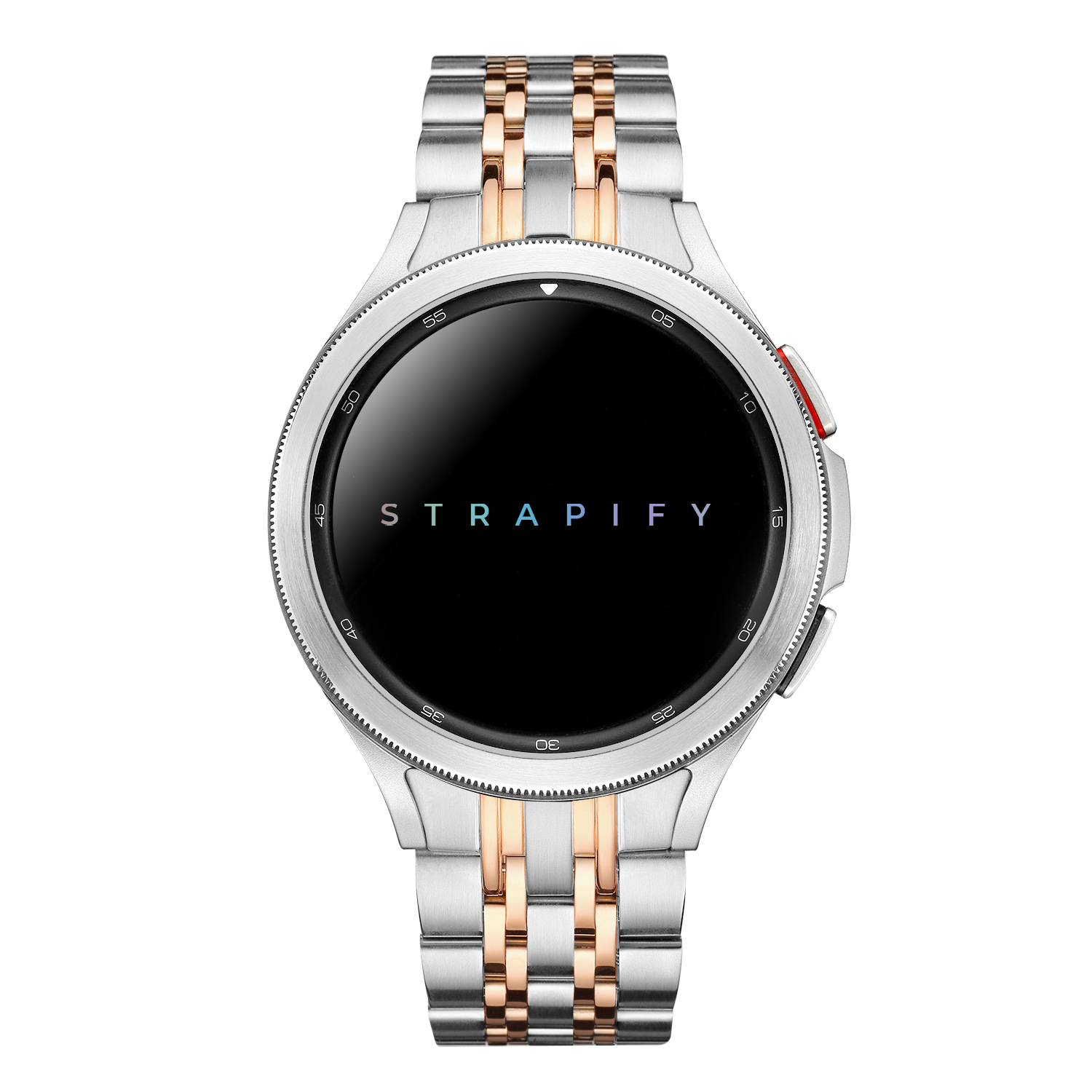 Two-tone silver and rose gold stainless steel bracelet band for Galaxy smartwatch with secure link construction