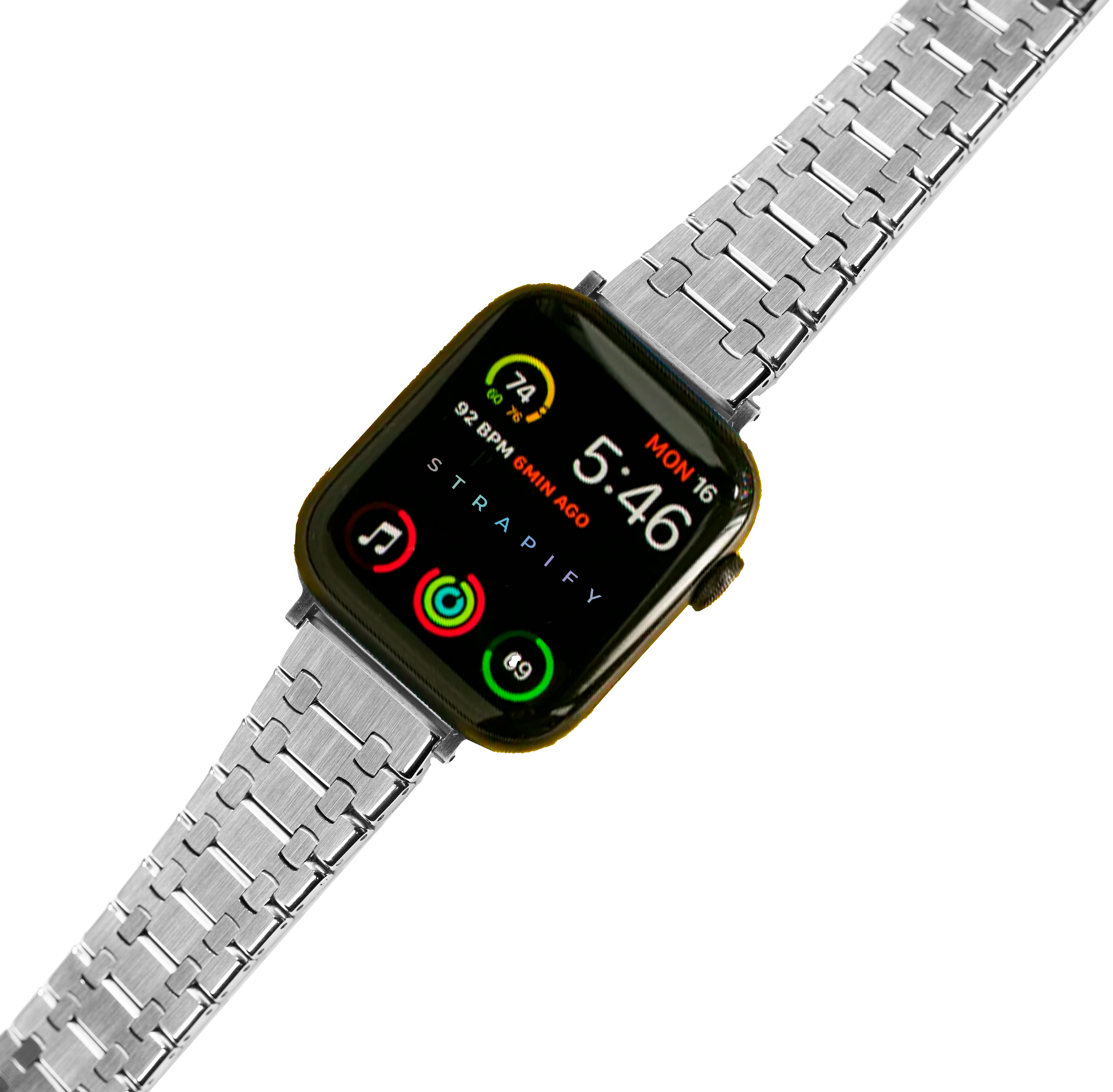 Silver stainless steel smartwatch with activity rings and fitness tracking display on black screen, metal link band