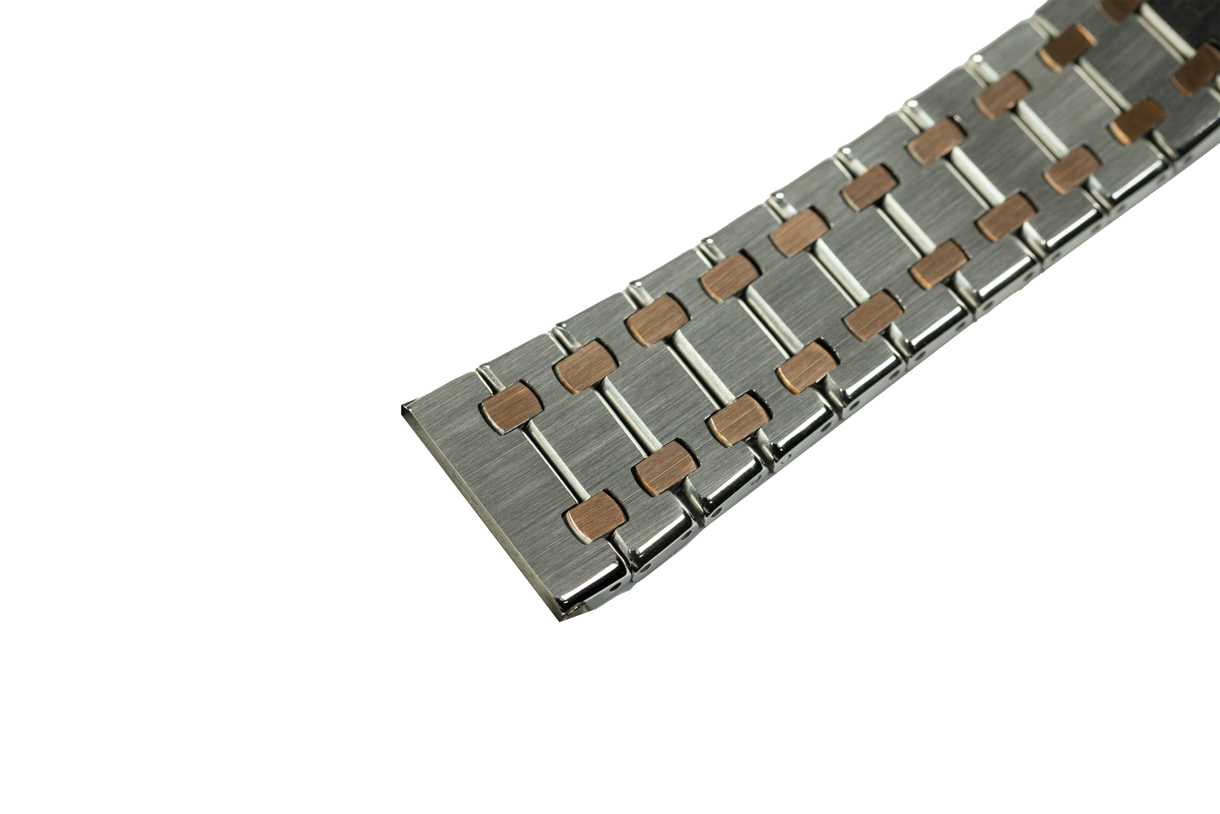 Two-tone stainless steel quick release watch bracelet with silver and rose gold links on white background
