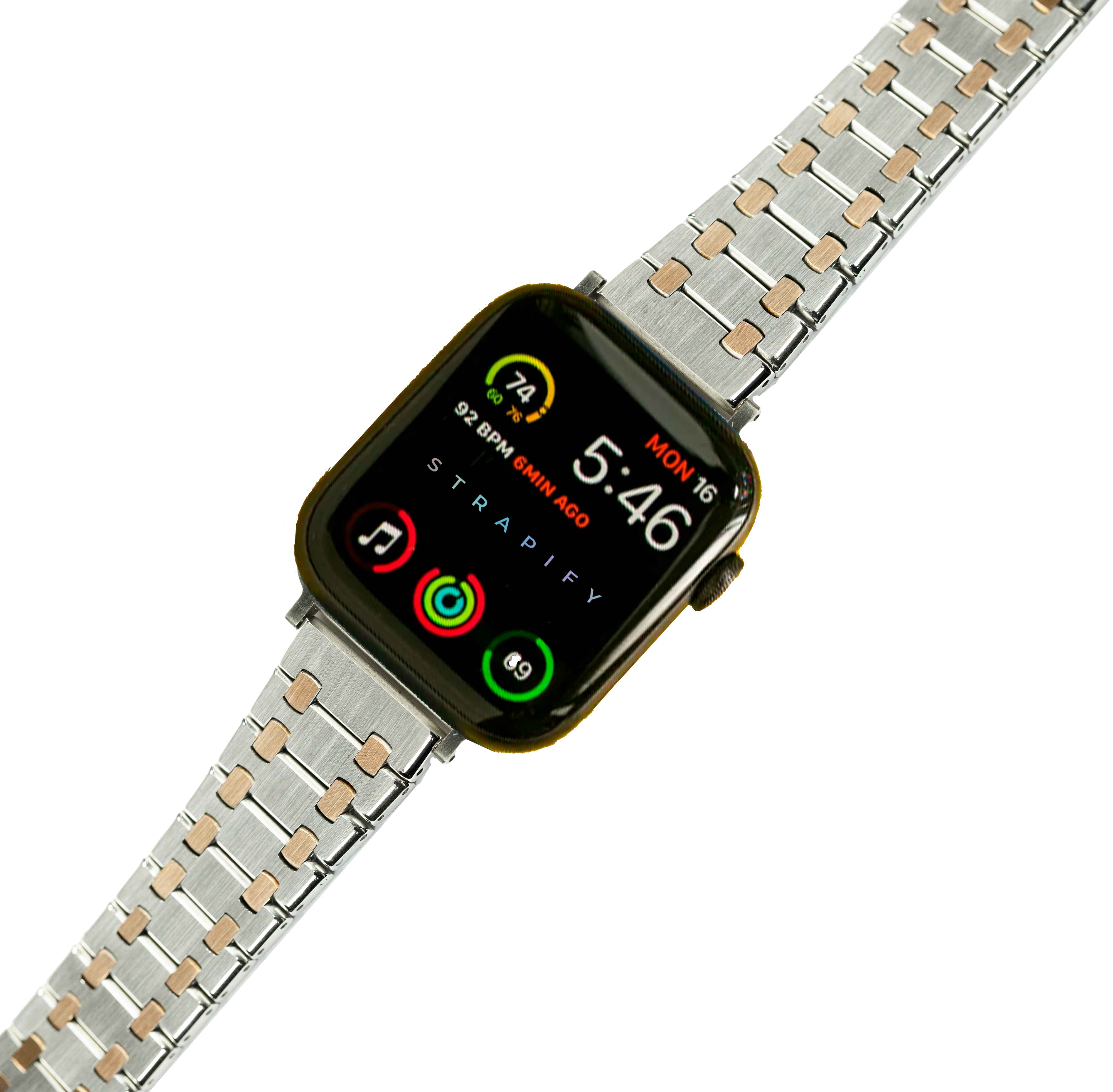 Two-tone silver and rose gold stainless steel smartwatch band with activity rings and time display on square face