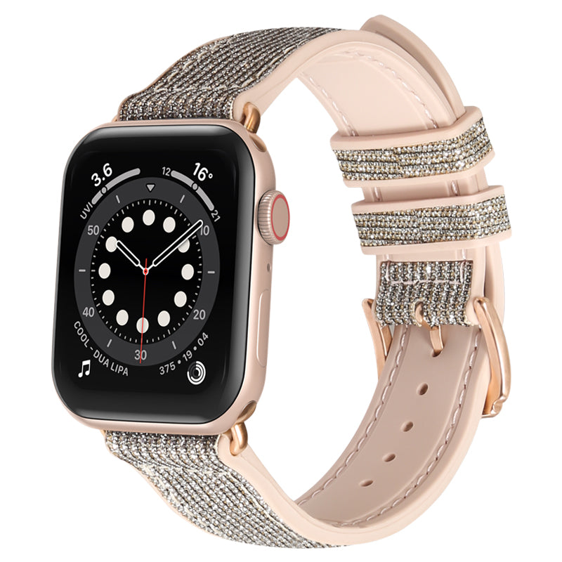 Gold sparkle hybrid watch band with rhinestone embellishments and blush leather strap for Apple Watch