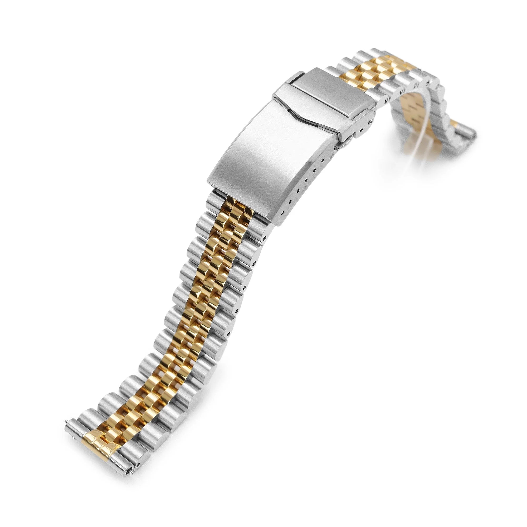 Two-tone stainless steel watch bracelet with quick release links, silver and gold Super-Jubilee design, deployant clasp