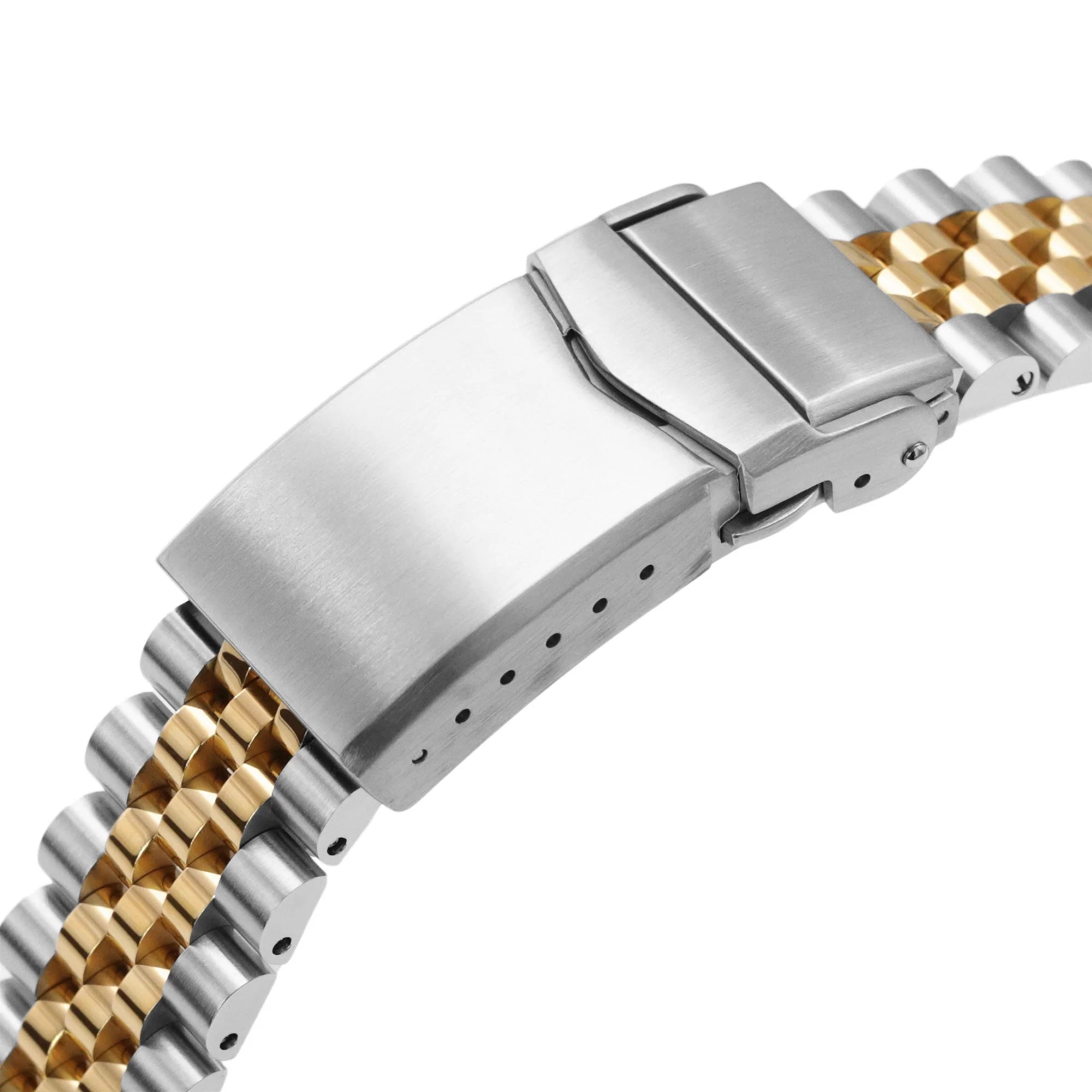 Two-tone stainless steel and gold quick release watch bracelet with V-clasp deployment buckle