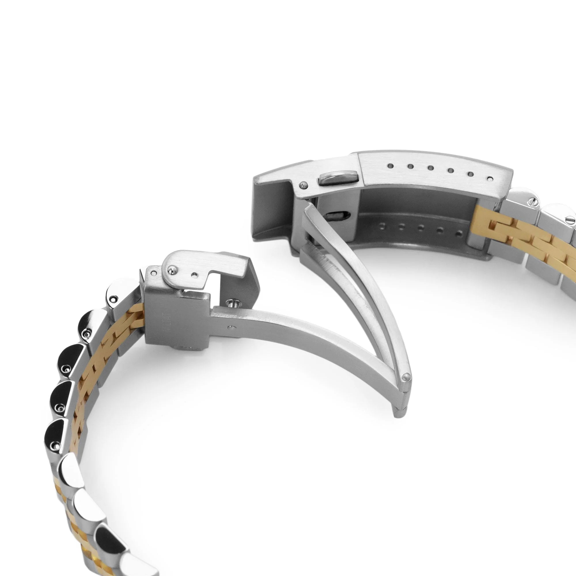 Strapcode Quick Release Super-Jub II two-tone steel watch bracelet with silver and gold links and V-clasp deployment buckle
