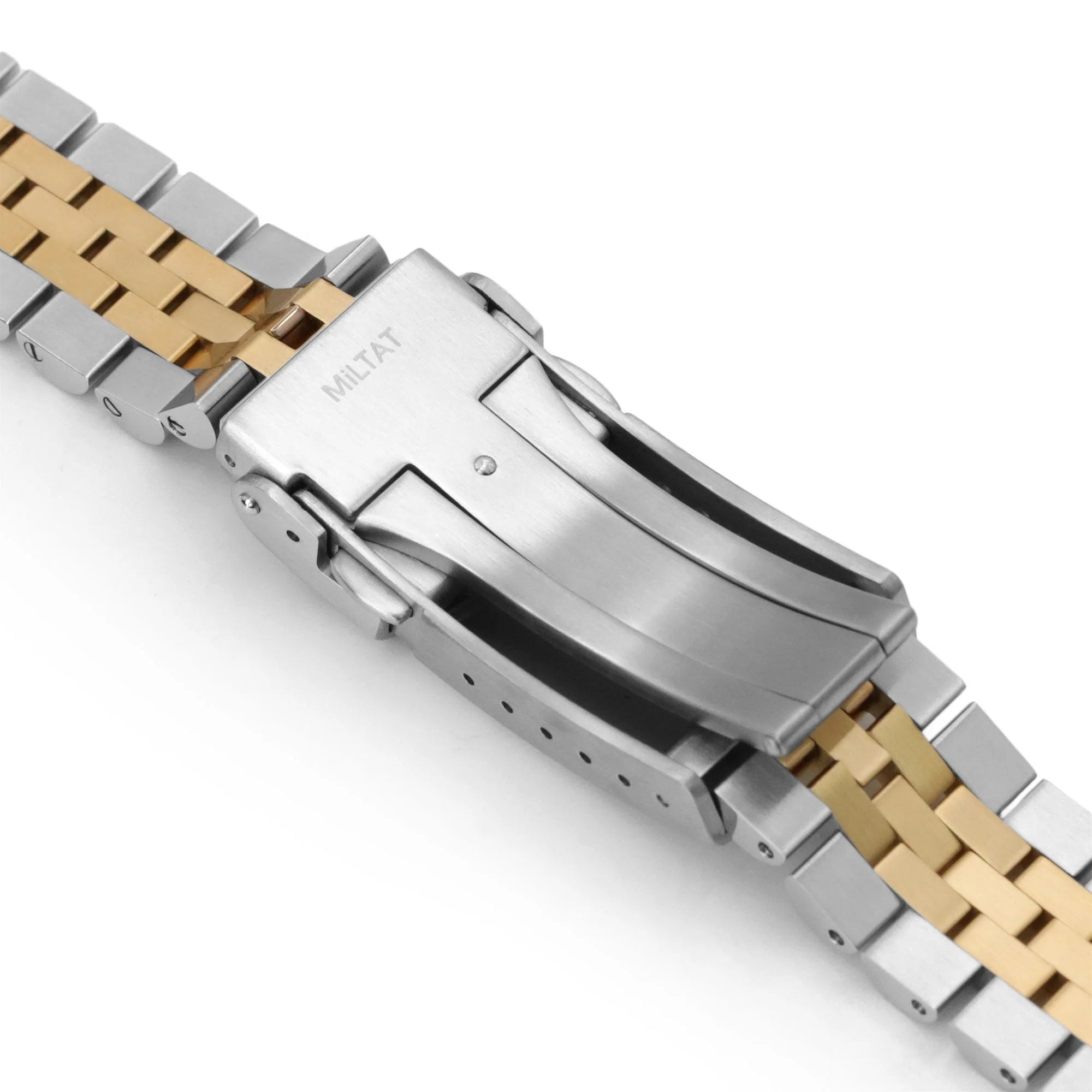 Two-tone stainless steel watch bracelet with quick release mechanism and V-clasp closure, featuring silver and gold links