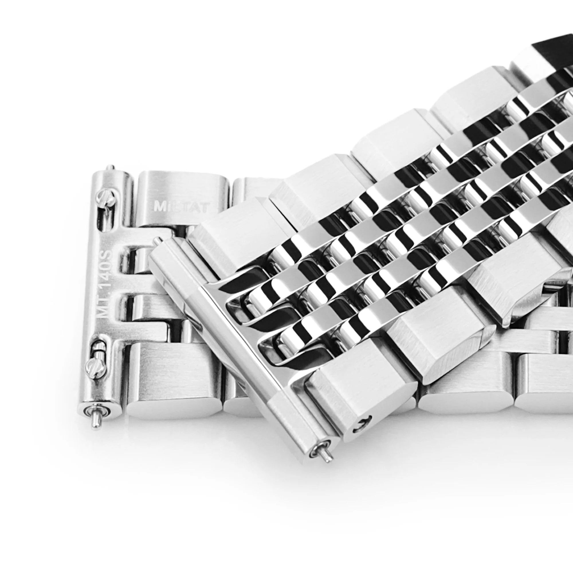 Stainless steel quick release watch bracelet with V-clasp and asteroid design, featuring solid links and secure fastening mechanism