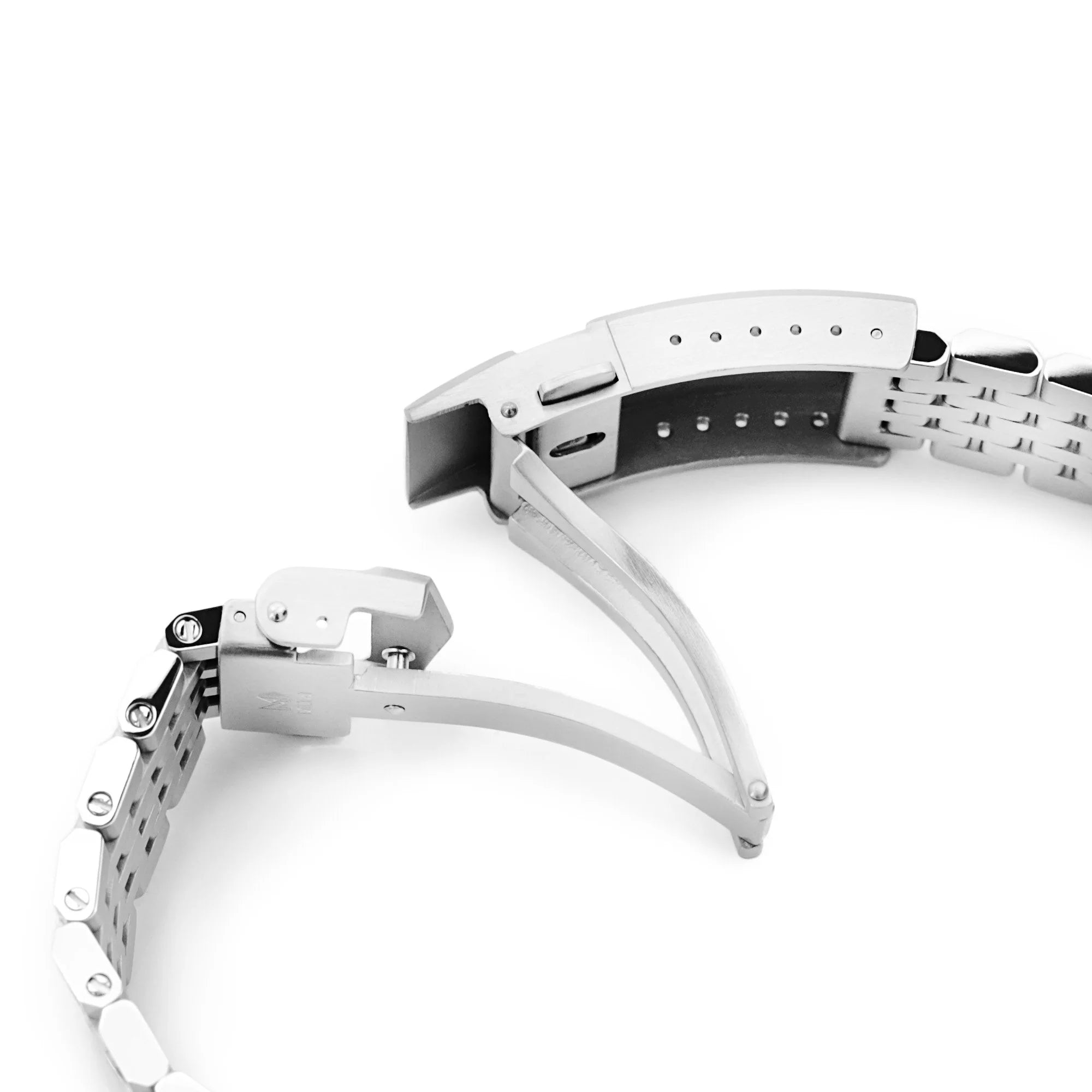 Strapcode Quick Release Asteroid bracelet with V-clasp, white metal links and adjustment mechanism displayed on white background