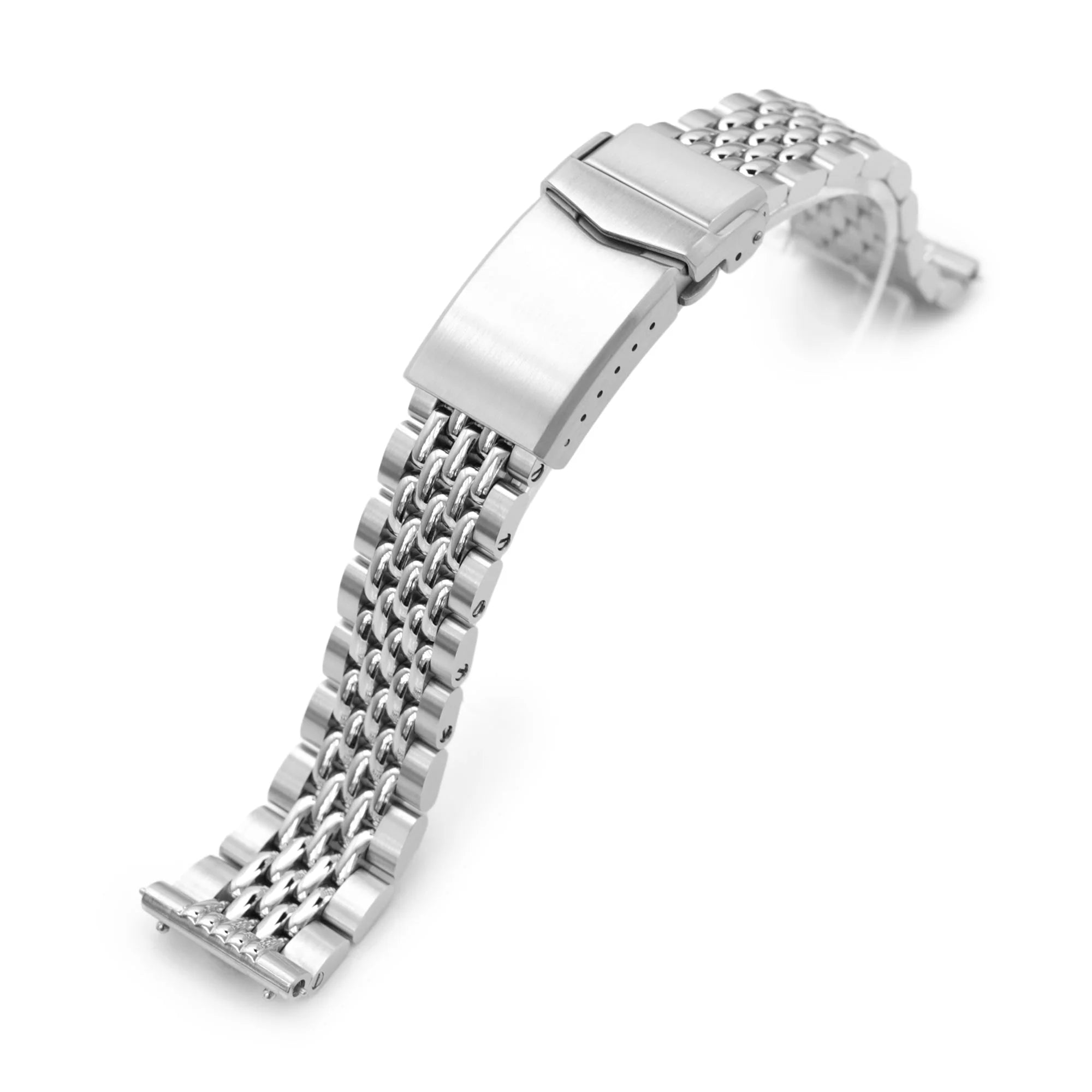 Stainless steel bracelet with solid link design and V-clasp closure, polished silver finish