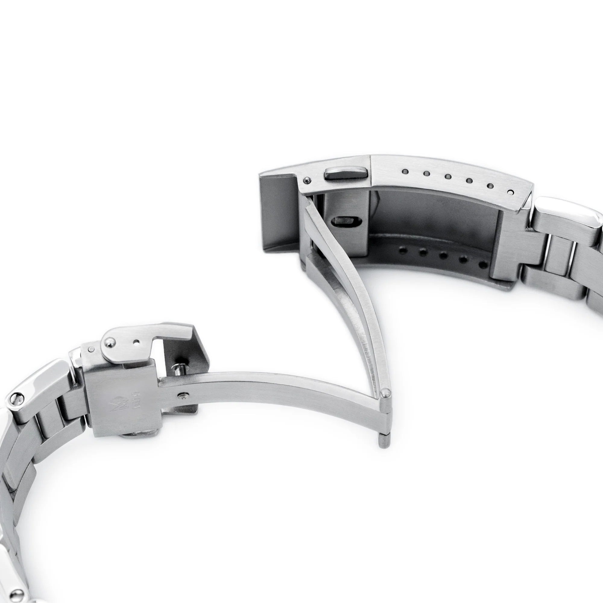 Stainless steel watch bracelet with V-clasp buckle system, featuring metal links and secure locking mechanism in silver finish