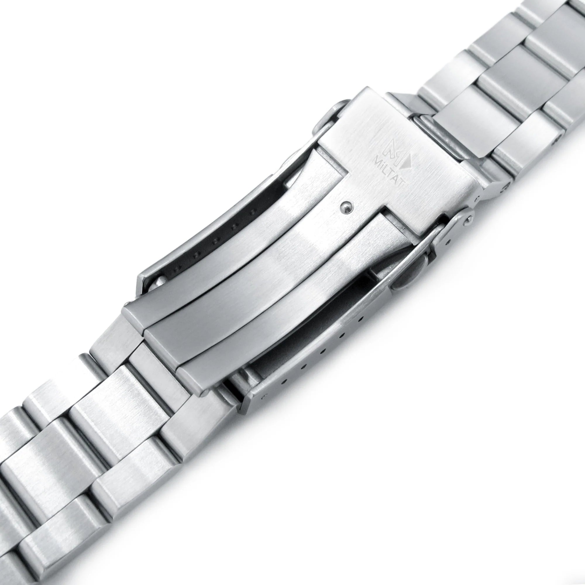 Stainless steel watch bracelet with solid links and V-clasp closure, brushed finish