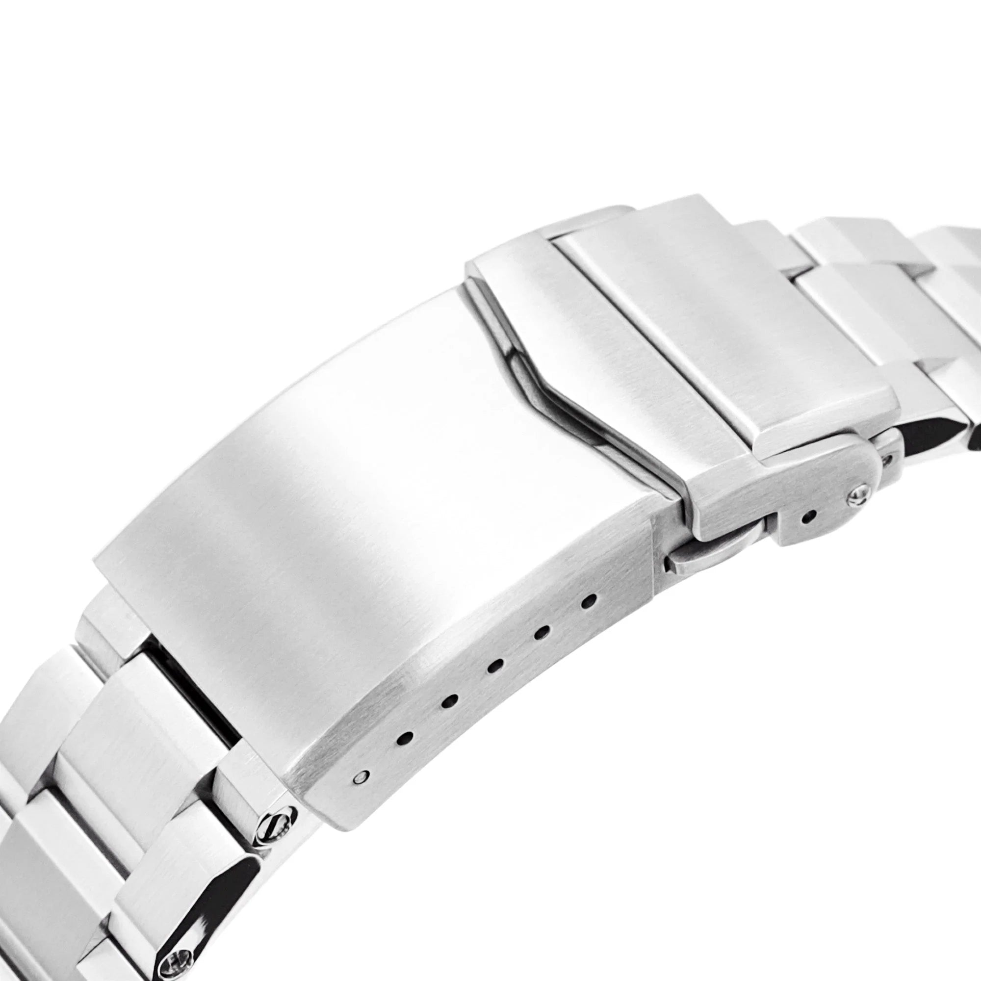 Strapcode Hexad III brushed steel bracelet for Omega Seamaster 42mm with 20mm lug width, showing secure clasp mechanism