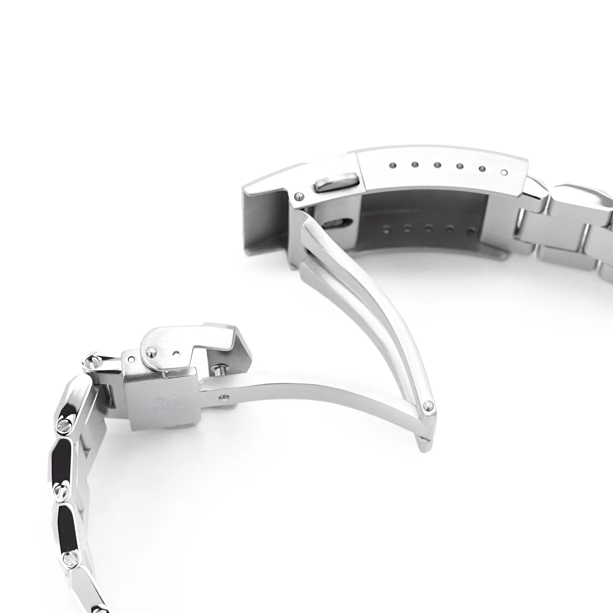 Strapcode Hexad III stainless steel bracelet with solid end links for Omega Seamaster 42mm watch, 20mm width, featuring secure clasp closure