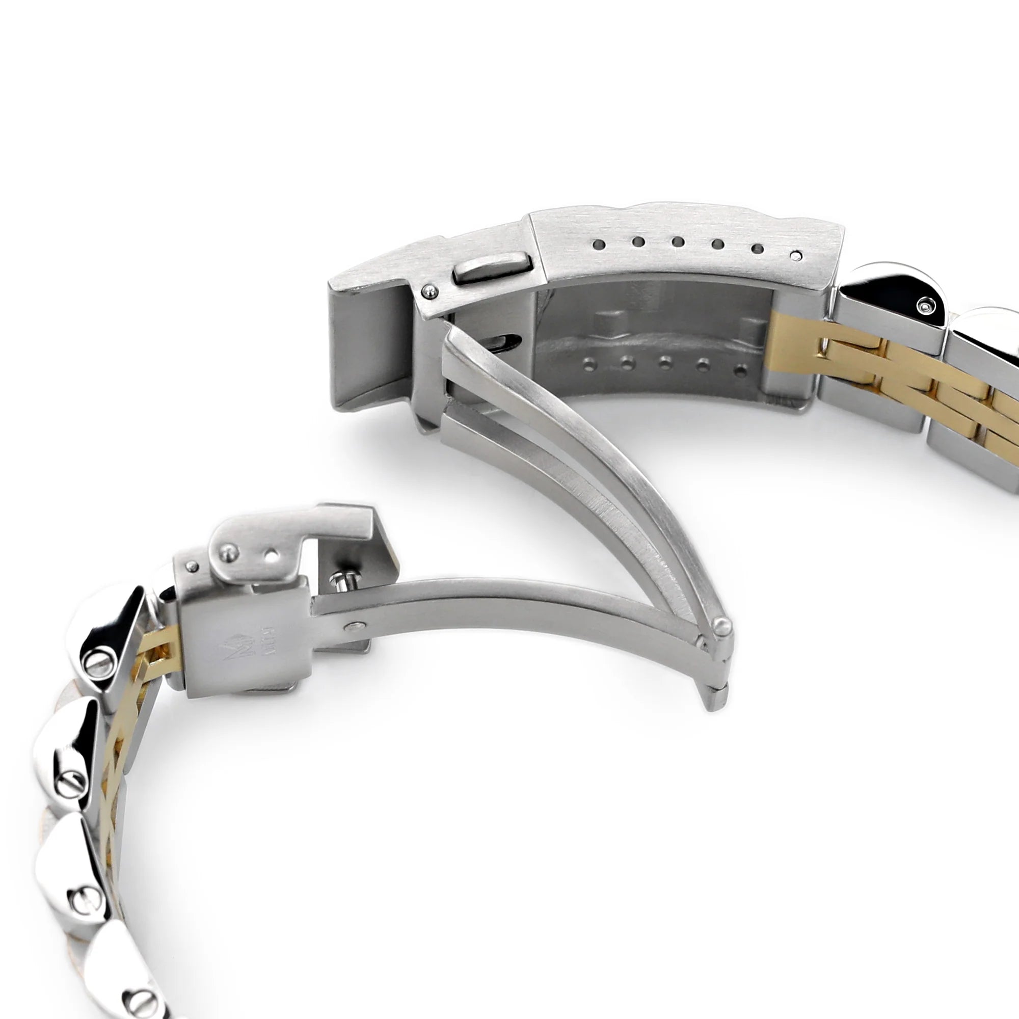 Stainless steel and gold two-tone watch bracelet with deployant clasp for Seiko Alpinist and Hamilton Khaki Field, 20mm width shown extended