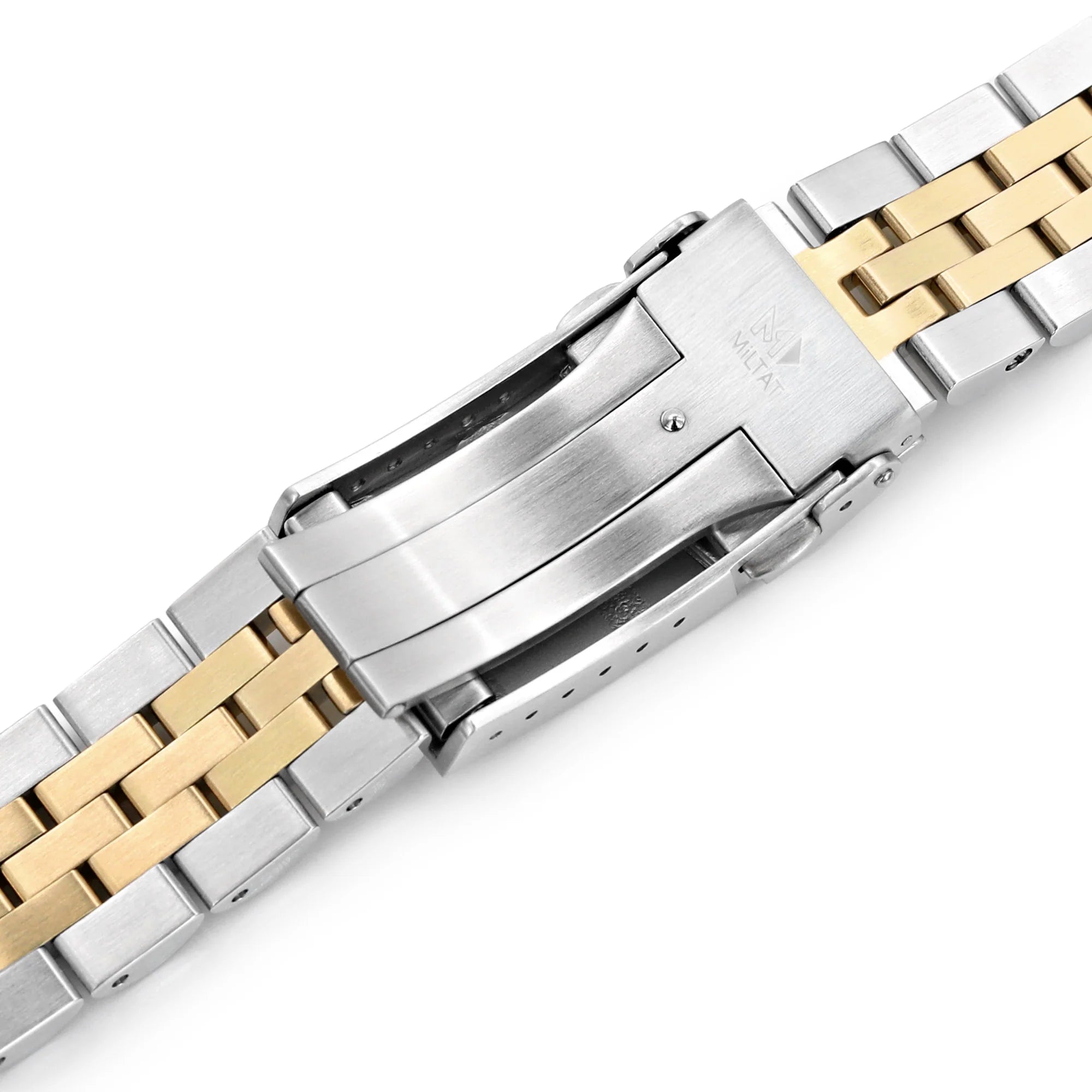 Two-tone stainless steel and gold watch bracelet with fold-over clasp for Seiko Alpinist and Hamilton Khaki Field 20mm watches