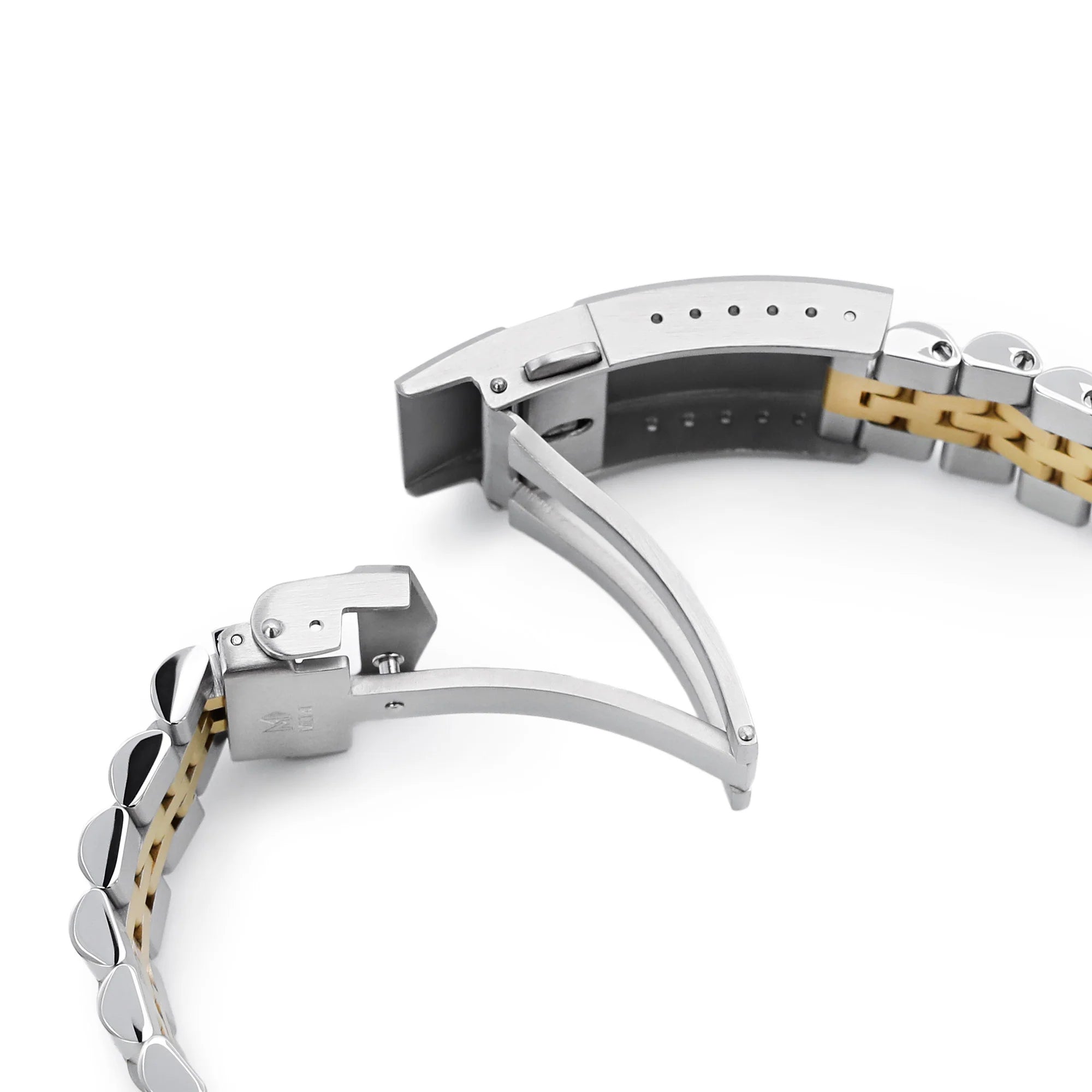 Two-tone stainless steel watch bracelets with silver and gold links featuring adjustable V-clasp buckle and sizing holes