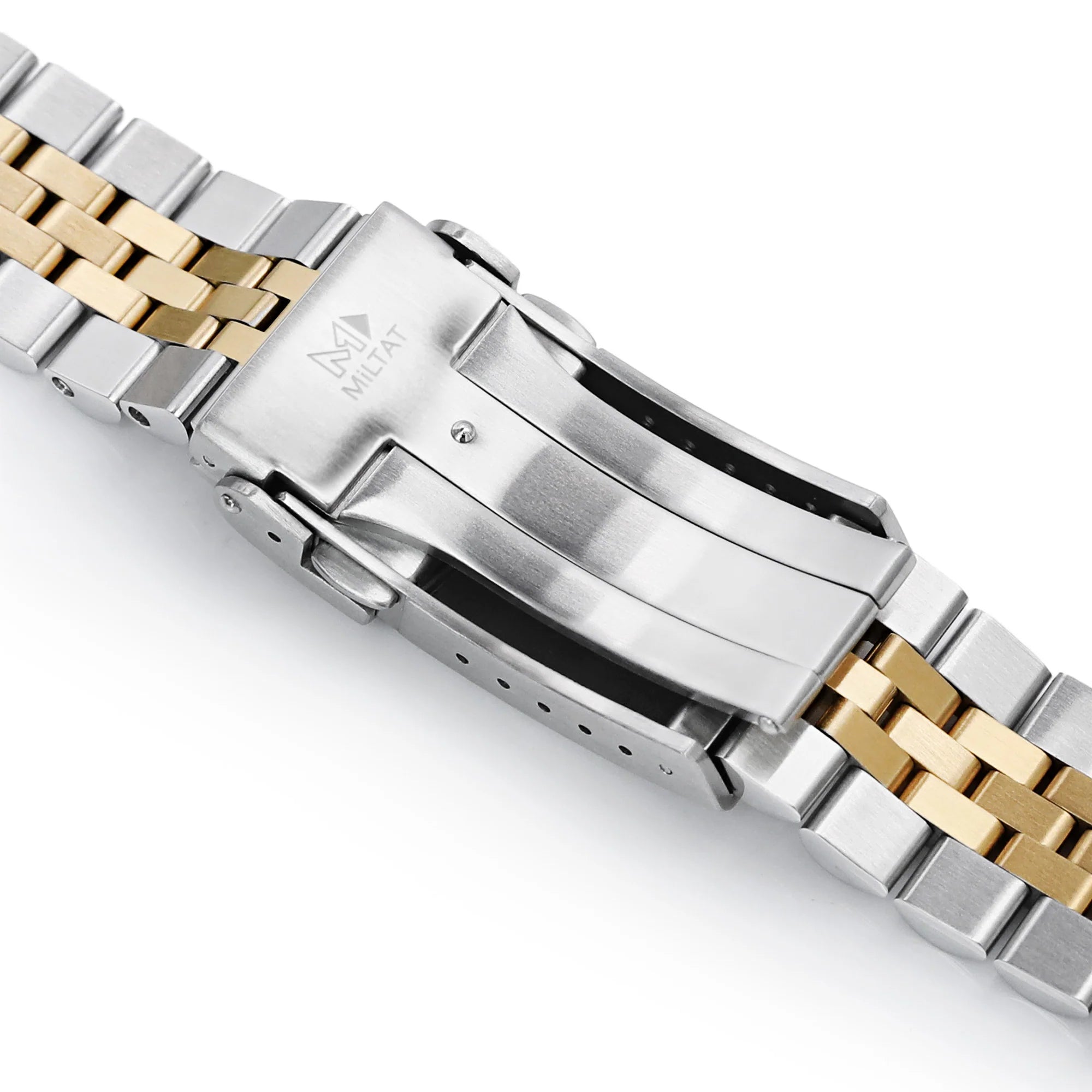 Two-tone stainless steel watch bracelet with silver and gold links, featuring integrated V-clasp deployment buckle clasp