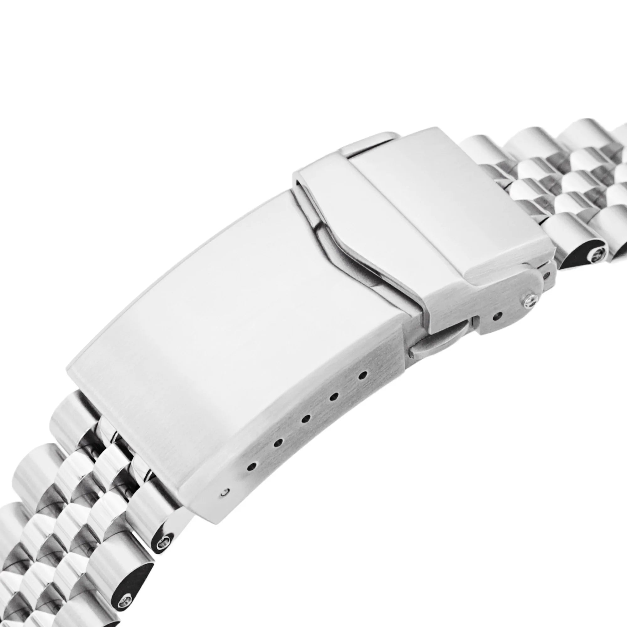 Stainless steel Super-Jub II watch bracelet with secure V-clasp buckle and metal links, isolated on white background