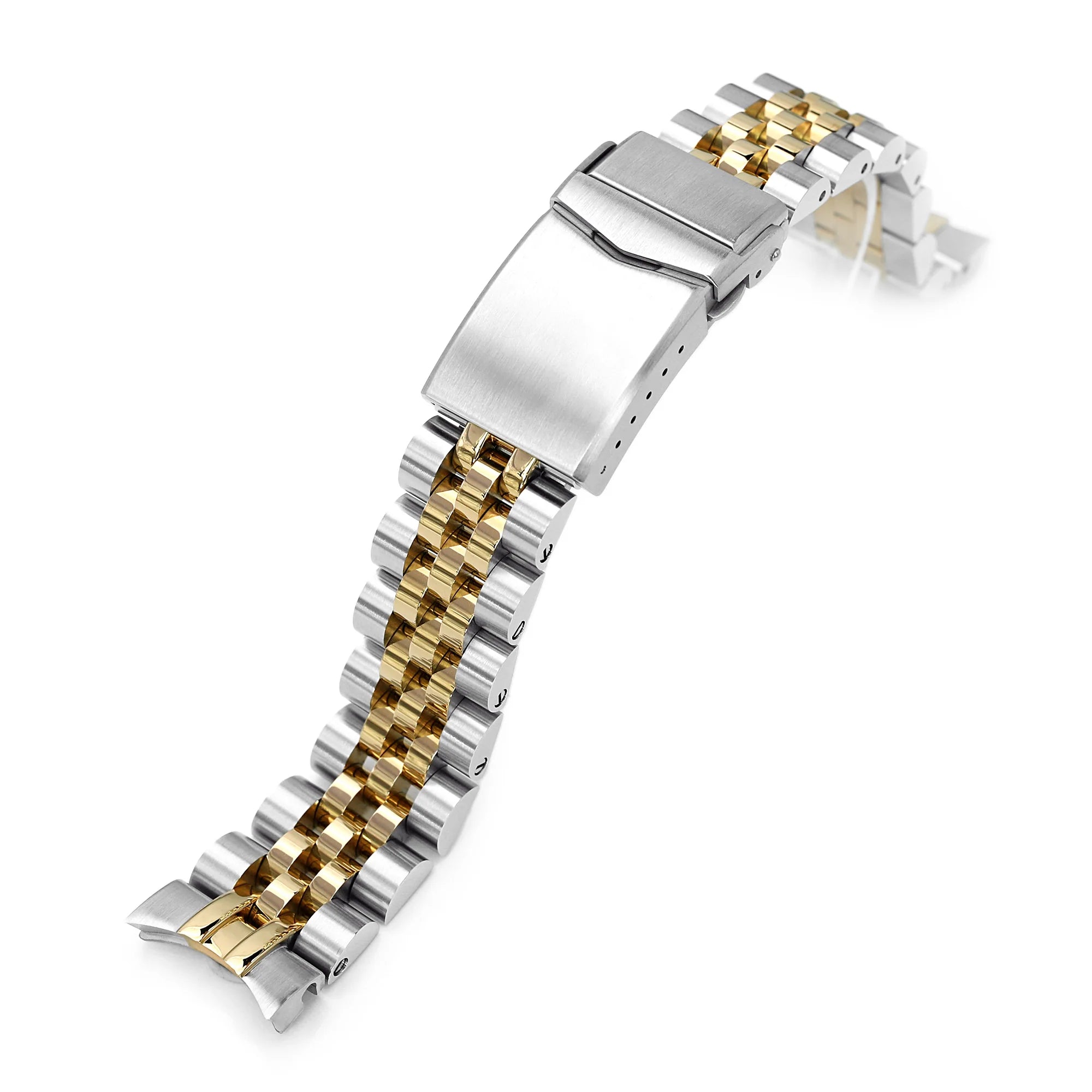 Two-tone stainless steel and gold watch bracelet with deployment clasp for Seiko Alpinist and Hamilton Khaki Field watches