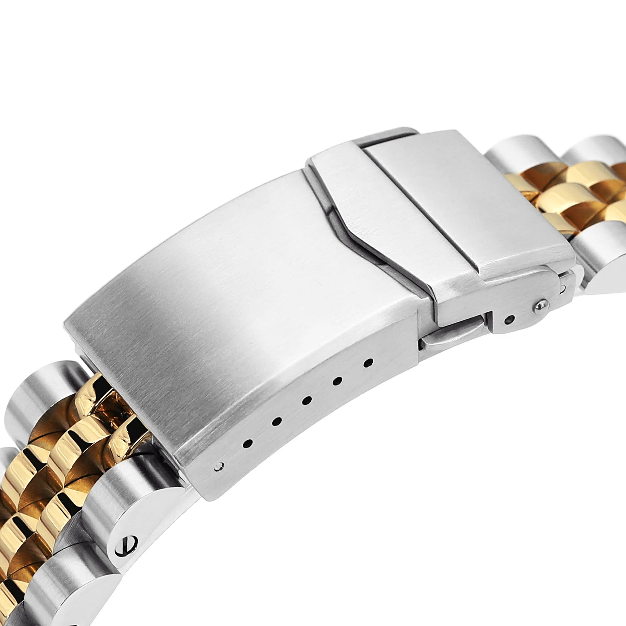 Two-tone silver and gold stainless steel watch bracelet with fold-over safety clasp for Seiko Alpinist and Hamilton Khaki Field 20mm watches