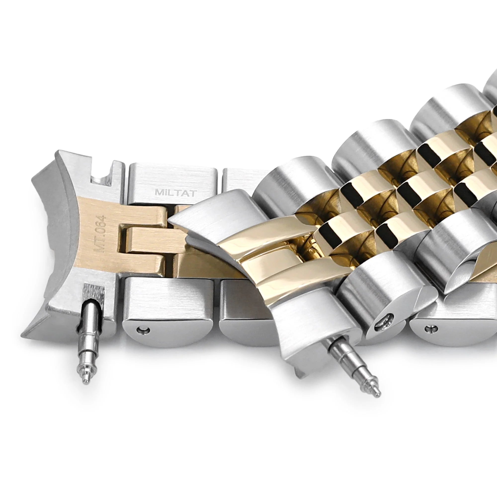 Two-tone silver and gold stainless steel watch bracelet with solid end links and pin removal tool for Seiko Alpinist and Hamilton Khaki Field 20mm watches