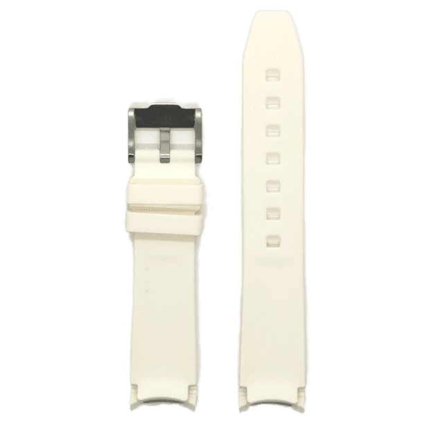 Curved King Flexi Rubber watch band in white with stainless steel buckle and adjustment holes