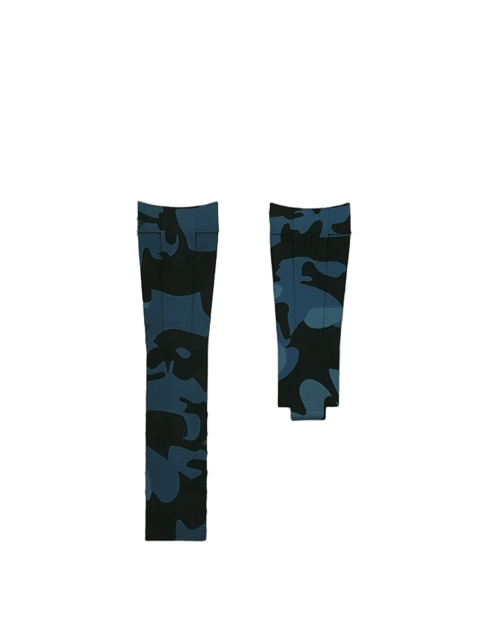 Blue and black camouflage rubber watch strap with curved flexi design, compatible with curved watch lugs