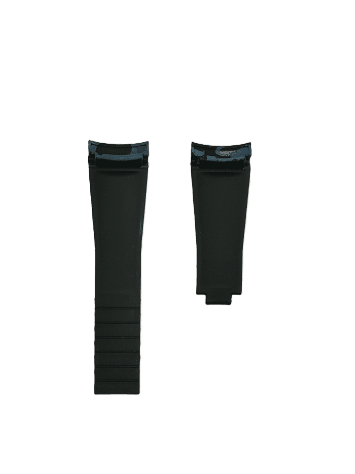 Black rubber watch strap with blue camo trim and curved end link for Rolex watches, shown folded and unfolded
