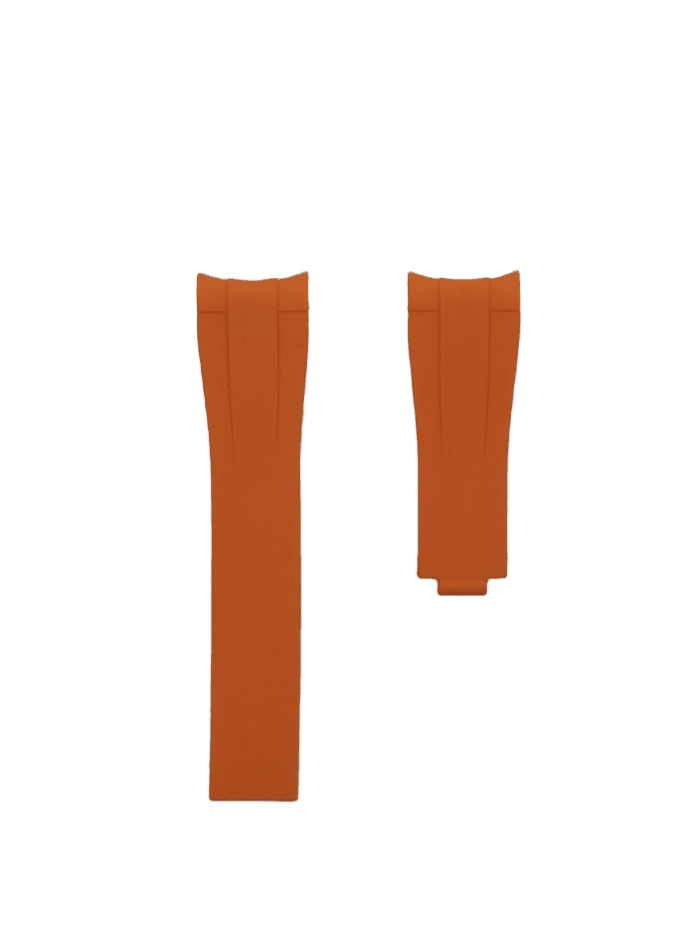 Orange rubber watch strap with flex design, curved fit for Rolex watches, featuring quilted texture pattern